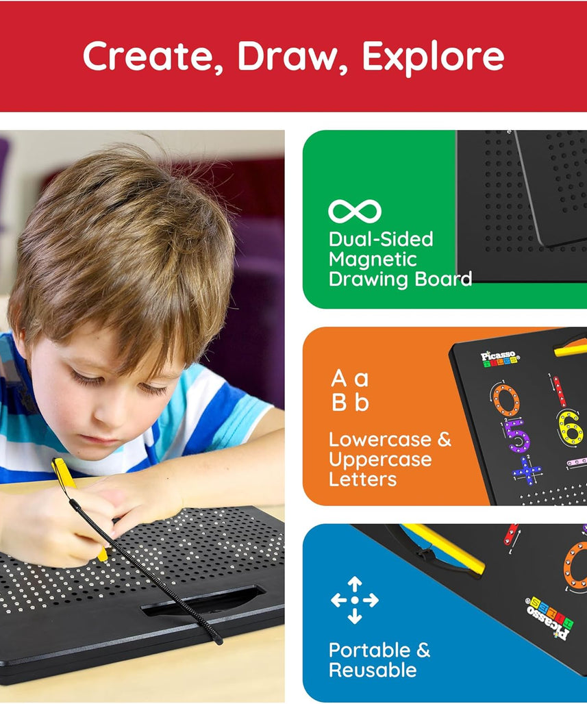 PicassoTiles 2-in-1 Double Sided Magnetic Alphabet Board ABC A-Z Upper Case Capital and Lowercase Letter Writing Reading Playboard 12x10 inch Large Magnet Tablet Pad Open-Ended Learning Playset PTB03