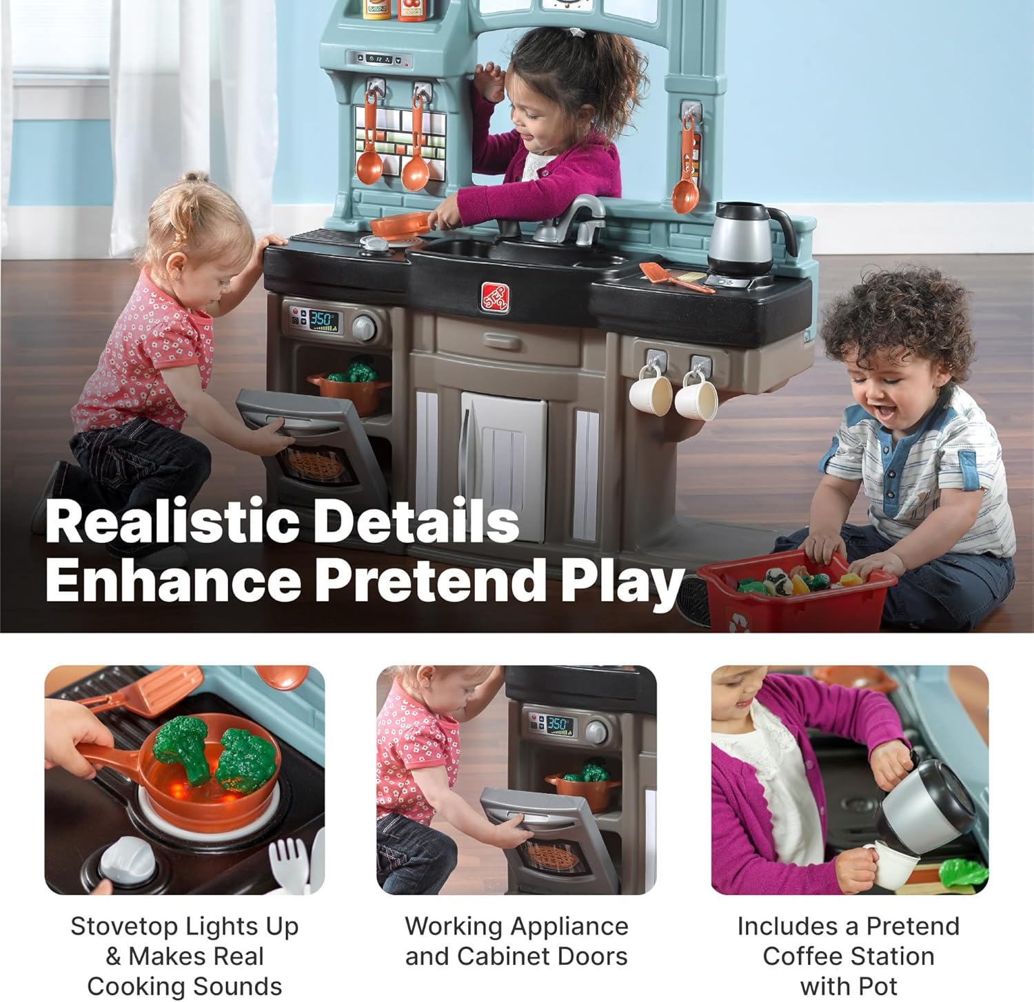 Step2 Best Chefs Kitchen Refresh, Interactive Roleplay Kitchen Set with Lights Sounds Accessories, Pretend Cooking Toy for Kids Boys and Girls Age 2 to 6, Multicolor