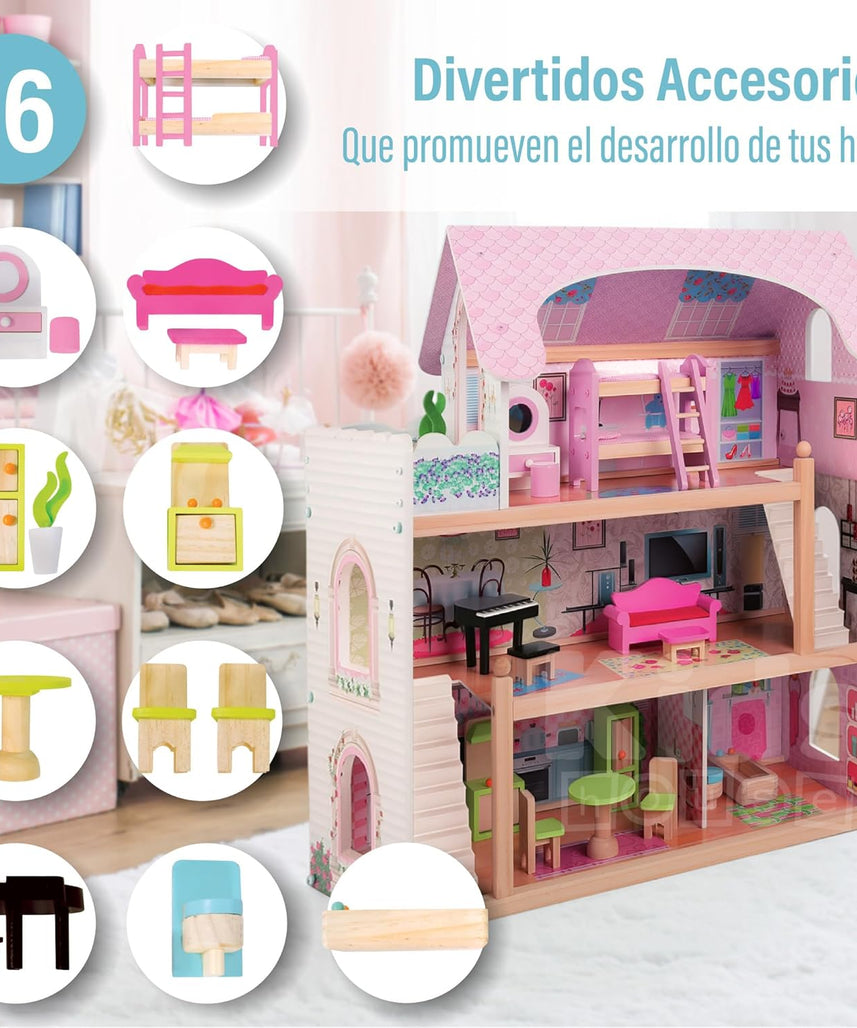 بيت دمى خشبي من EduFun مع شرفة للأطفال الصغار، فيلا دمى كبيرة من 3 طوابق مع 4 غرف، سلالم، ملحقات أثاث من 15 قطعة، لعبة تظاهر تعليمية للأطفال من سن 3 سنوات فما فوق