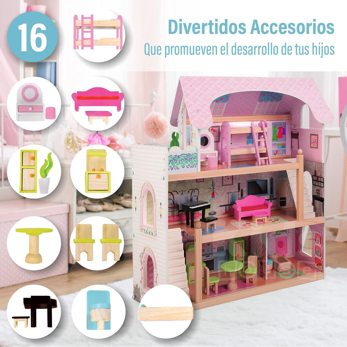 بيت دمى خشبي من EduFun مع شرفة للأطفال الصغار، فيلا دمى كبيرة من 3 طوابق مع 4 غرف، سلالم، ملحقات أثاث من 15 قطعة، لعبة تظاهر تعليمية للأطفال من سن 3 سنوات فما فوق