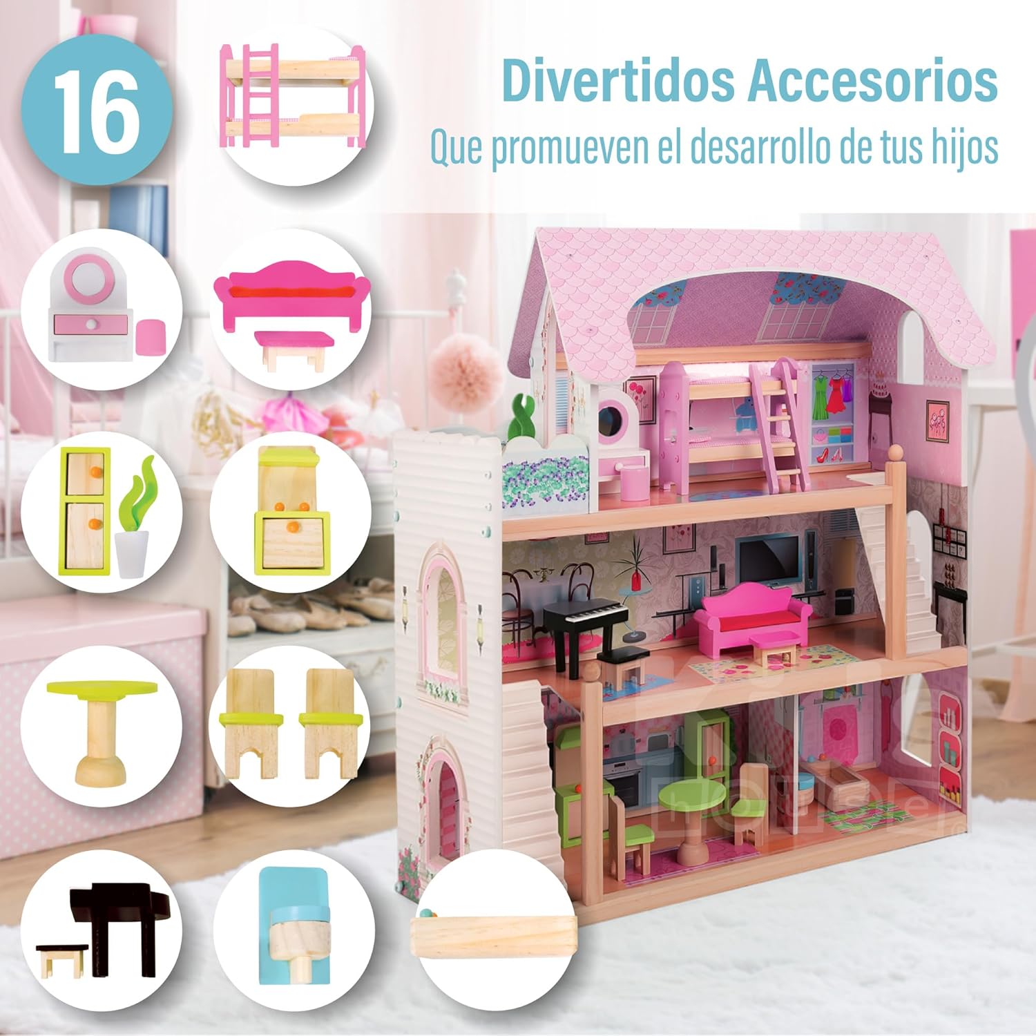 بيت دمى خشبي من EduFun مع شرفة للأطفال الصغار، فيلا دمى كبيرة من 3 طوابق مع 4 غرف، سلالم، ملحقات أثاث من 15 قطعة، لعبة تظاهر تعليمية للأطفال من سن 3 سنوات فما فوق