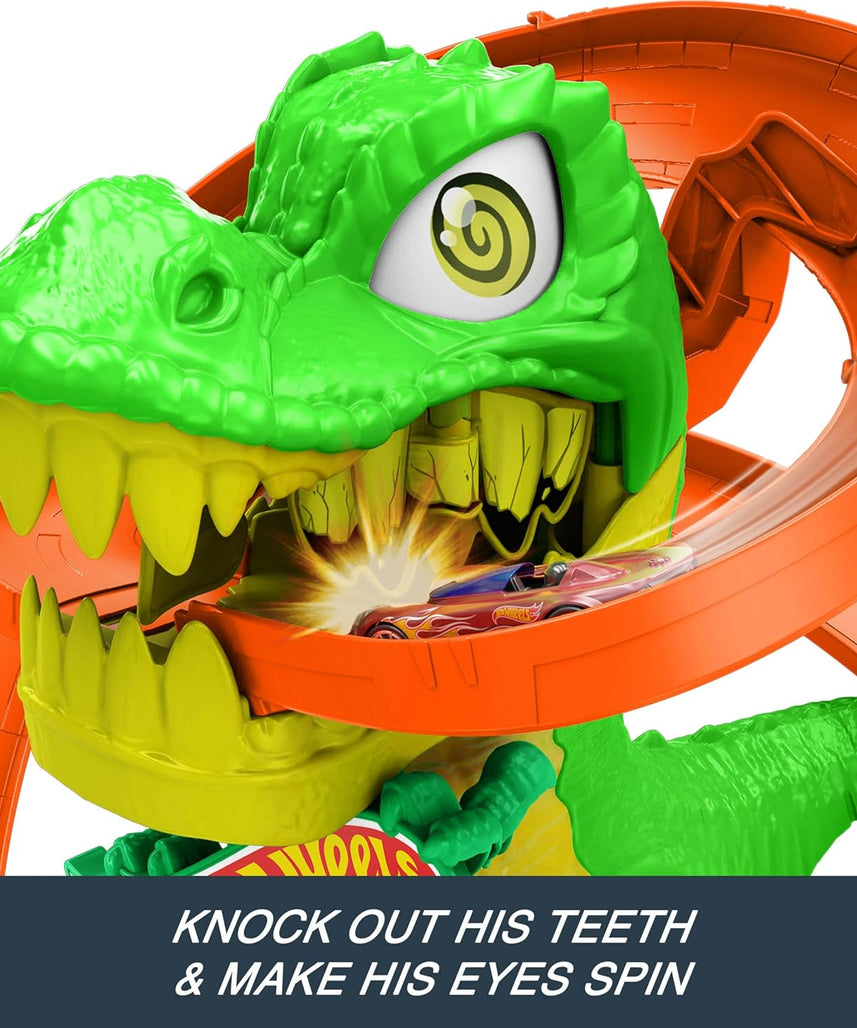 Hot Wheels Toy Car Track Set, City T Rex Blaze Battle Fire Station Playset with 1:64 Scale Die Cast Fire Truck, Interactive Dinosaur Action, 4+ Years