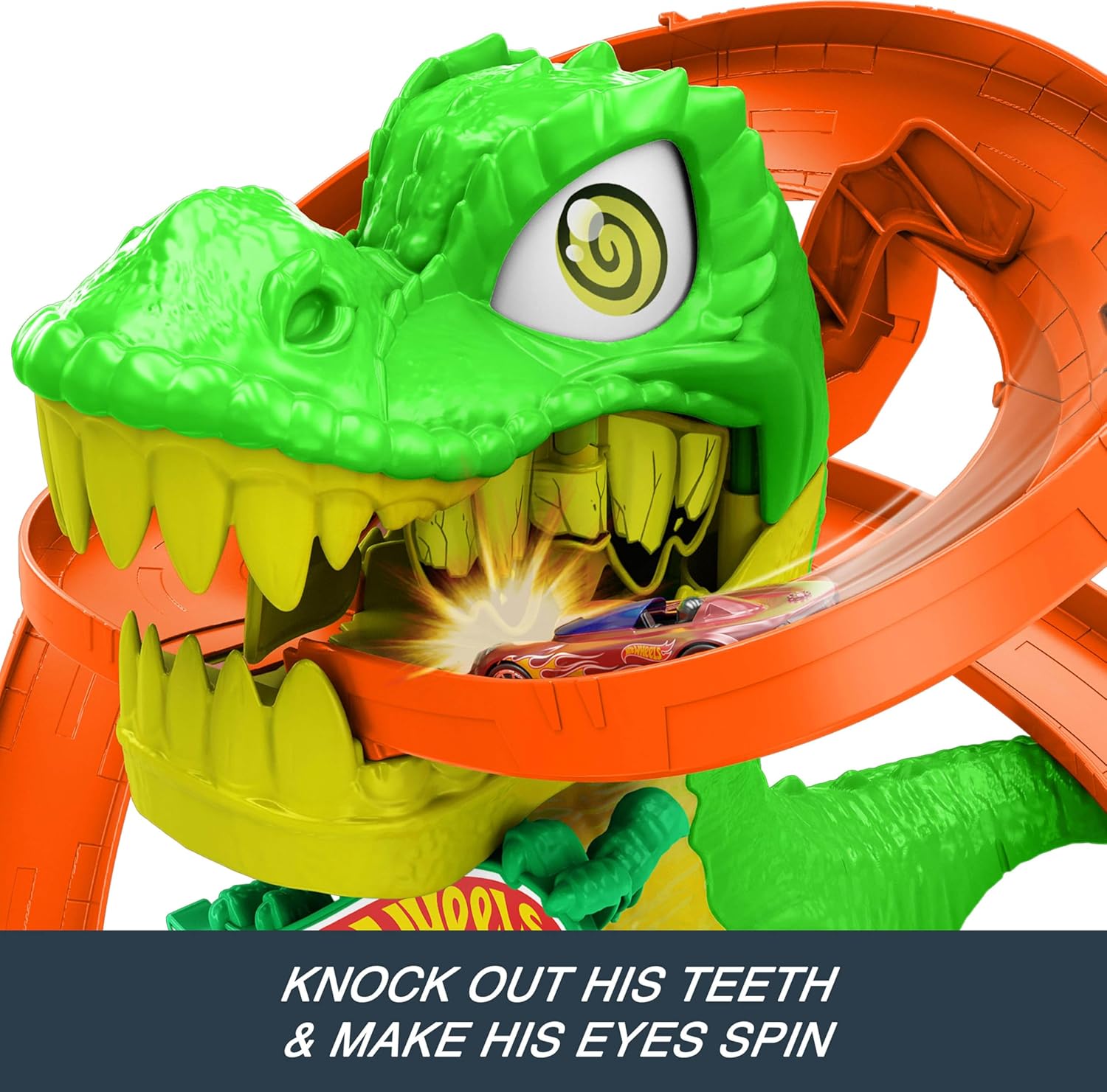 Hot Wheels Toy Car Track Set, City T Rex Blaze Battle Fire Station Playset with 1:64 Scale Die Cast Fire Truck, Interactive Dinosaur Action, 4+ Years