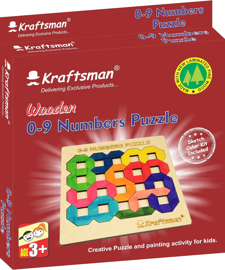 Kraftsman Color Your Own Numbers Puzzle 0–9, DIY Wooden Coloring Puzzle Kit for Kids, Learn Numbers, Creative Art & Learning Toy, Age 4+