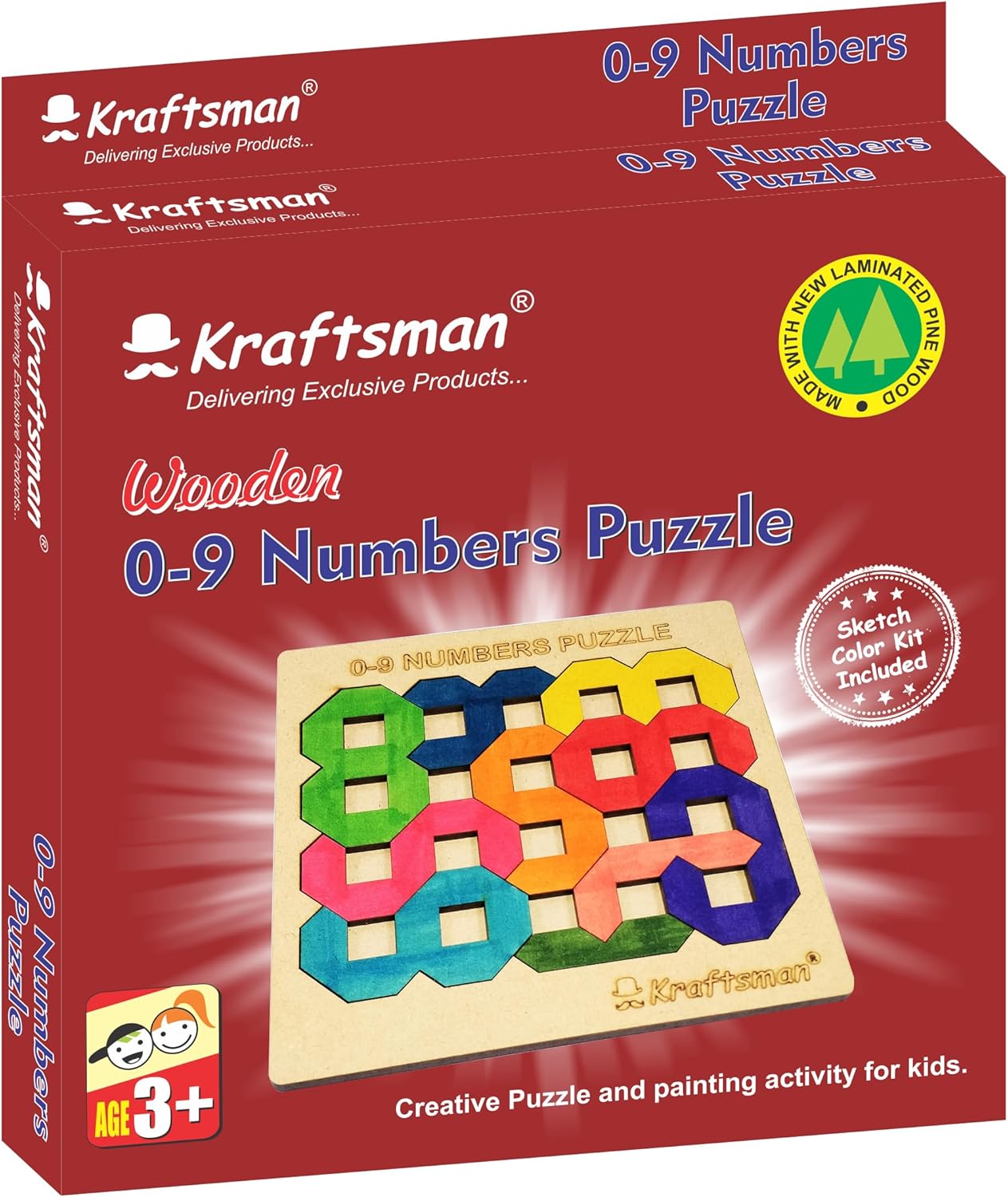 Kraftsman Color Your Own Numbers Puzzle 0–9, DIY Wooden Coloring Puzzle Kit for Kids, Learn Numbers, Creative Art & Learning Toy, Age 4+