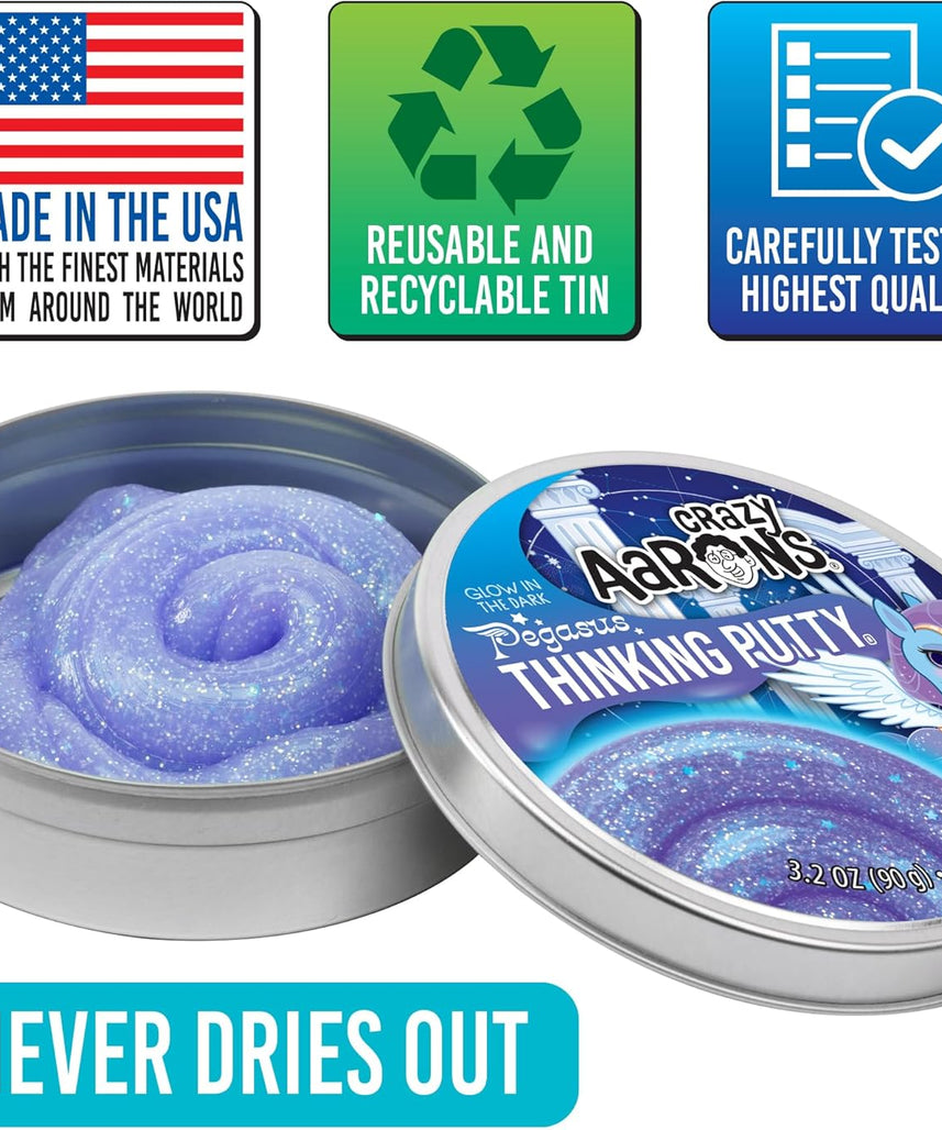 Crazy Aaron’s Pegasus Thinking Putty, Glow in The Dark Purple Glitter Sensory Putty in 4” Tin, Non-Toxic Stretchy Creative Fidget Toy for Kids & Adults Ages 3+