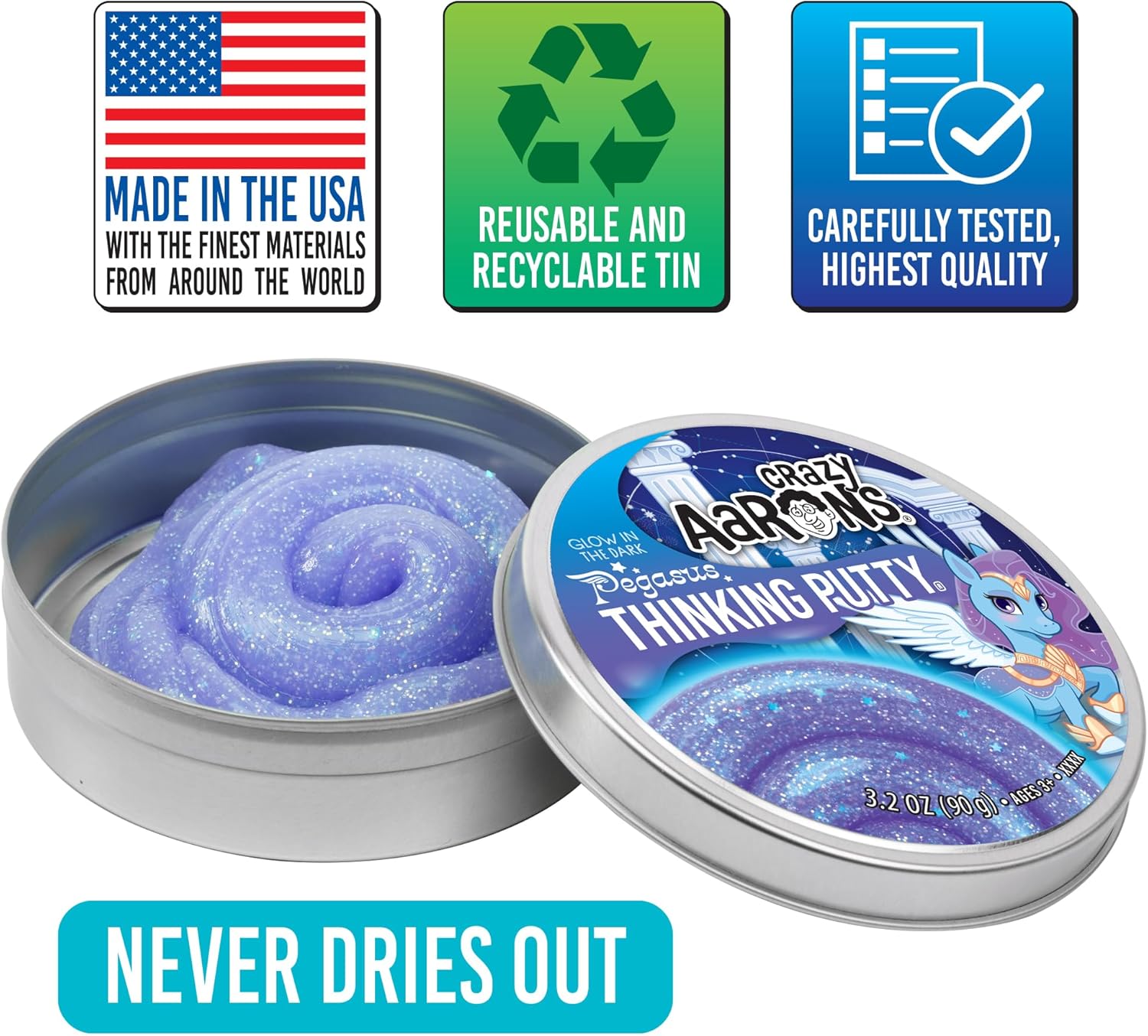 Crazy Aaron’s Pegasus Thinking Putty, Glow in The Dark Purple Glitter Sensory Putty in 4” Tin, Non-Toxic Stretchy Creative Fidget Toy for Kids & Adults Ages 3+