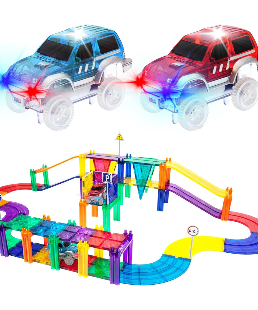 PicassoTiles 50 Piece Race Car Track Building Block Educational Toy Set Magnetic Tiles Magnet DIY Playset 2 Light Up Car STEM Learning Construction Kit Hand-Eye Coordination Fine Motor Skill Training