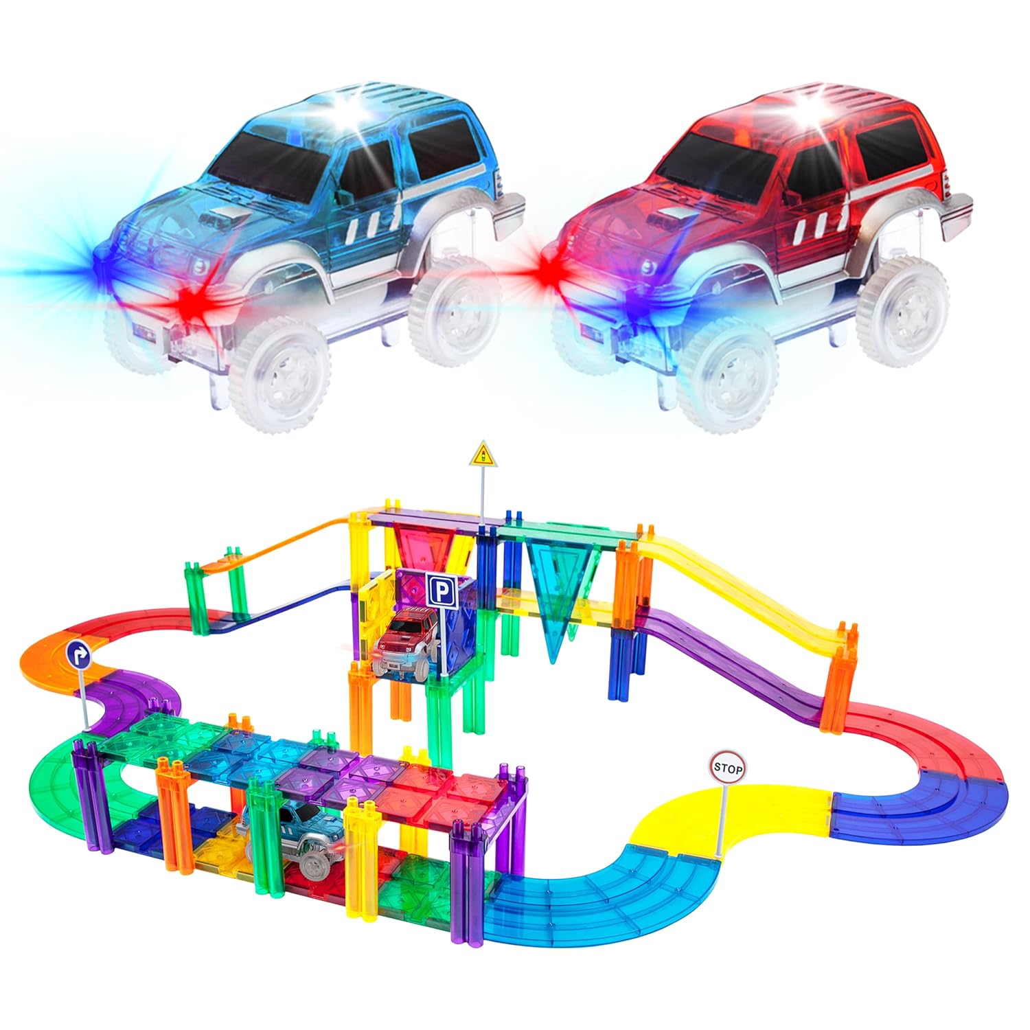 PicassoTiles 50 Piece Race Car Track Building Block Educational Toy Set Magnetic Tiles Magnet DIY Playset 2 Light Up Car STEM Learning Construction Kit Hand-Eye Coordination Fine Motor Skill Training
