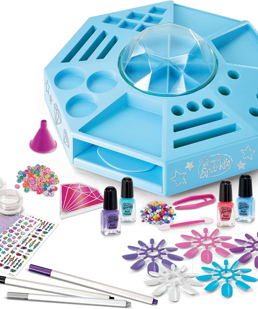 Shimmer N Sparkle Nail Art Studio 360° Spin Workstation with Dryer, Polishes, Stickers & Storage Drawers, Complete Nail Design Kit for Kids Ages 8+