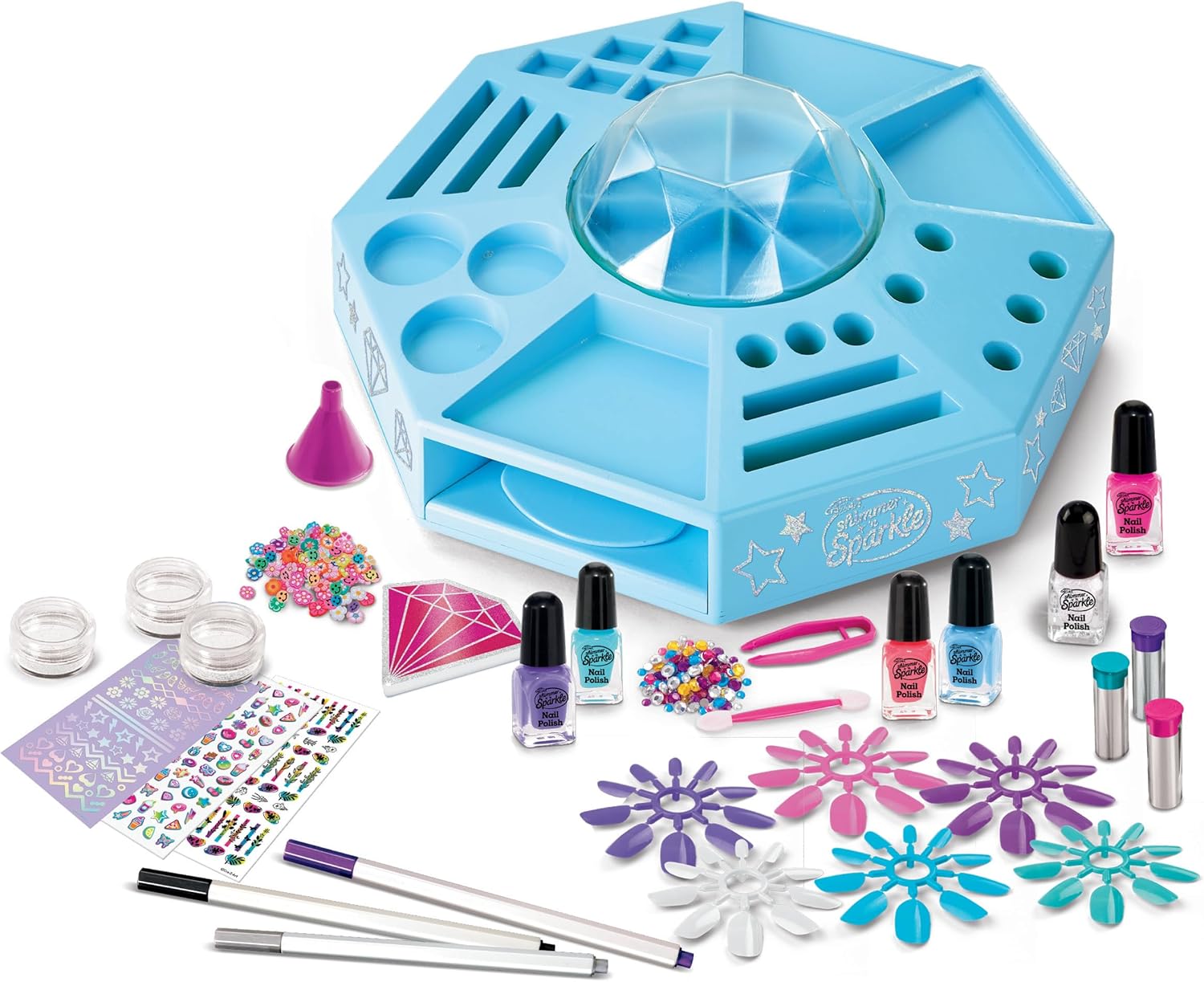 Shimmer N Sparkle Nail Art Studio 360° Spin Workstation with Dryer, Polishes, Stickers & Storage Drawers, Complete Nail Design Kit for Kids Ages 8+