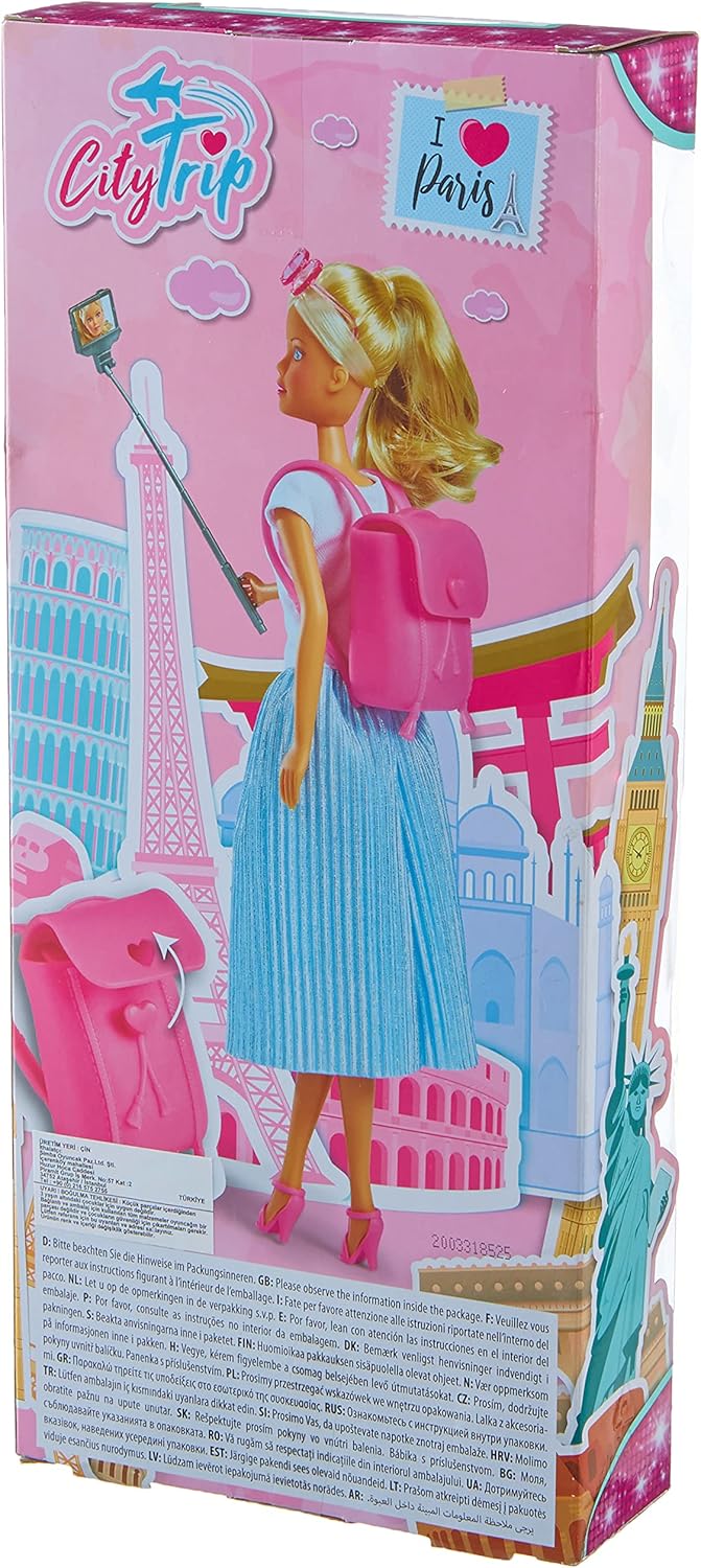 Simba Steffi Love City Trip Doll, 29 cm, Fashion Outfit with Selfie Stick & Backpack, Ages 3+