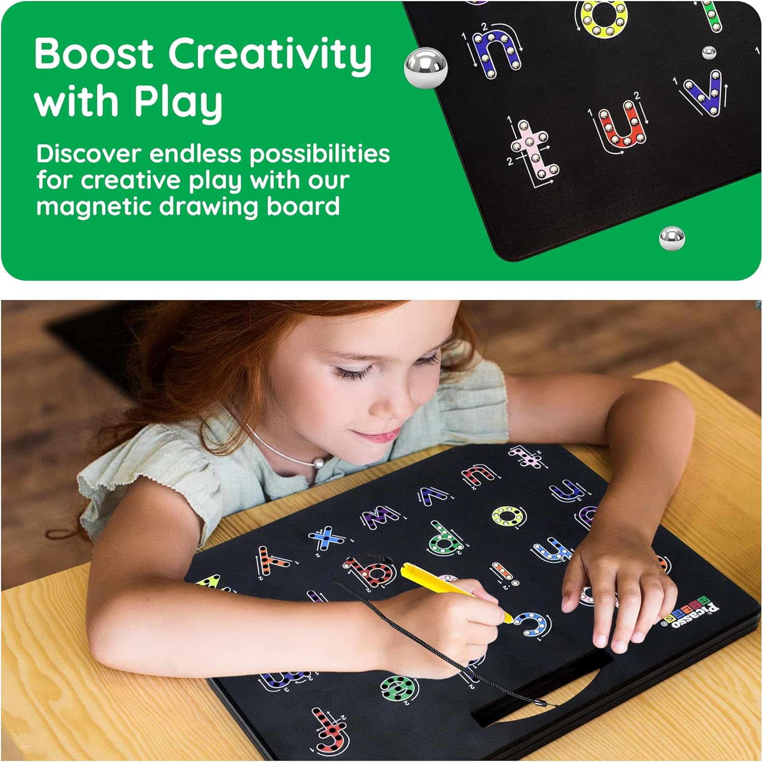 PicassoTiles 2-in-1 Double-Sided Magnetic Drawing Board Lower Case Alphabet Letter and Free Style Writing Reading Playboard 12x10 inch Large Magnet Tablet Pad Open-Ended STEAM Learning Playset PTB04