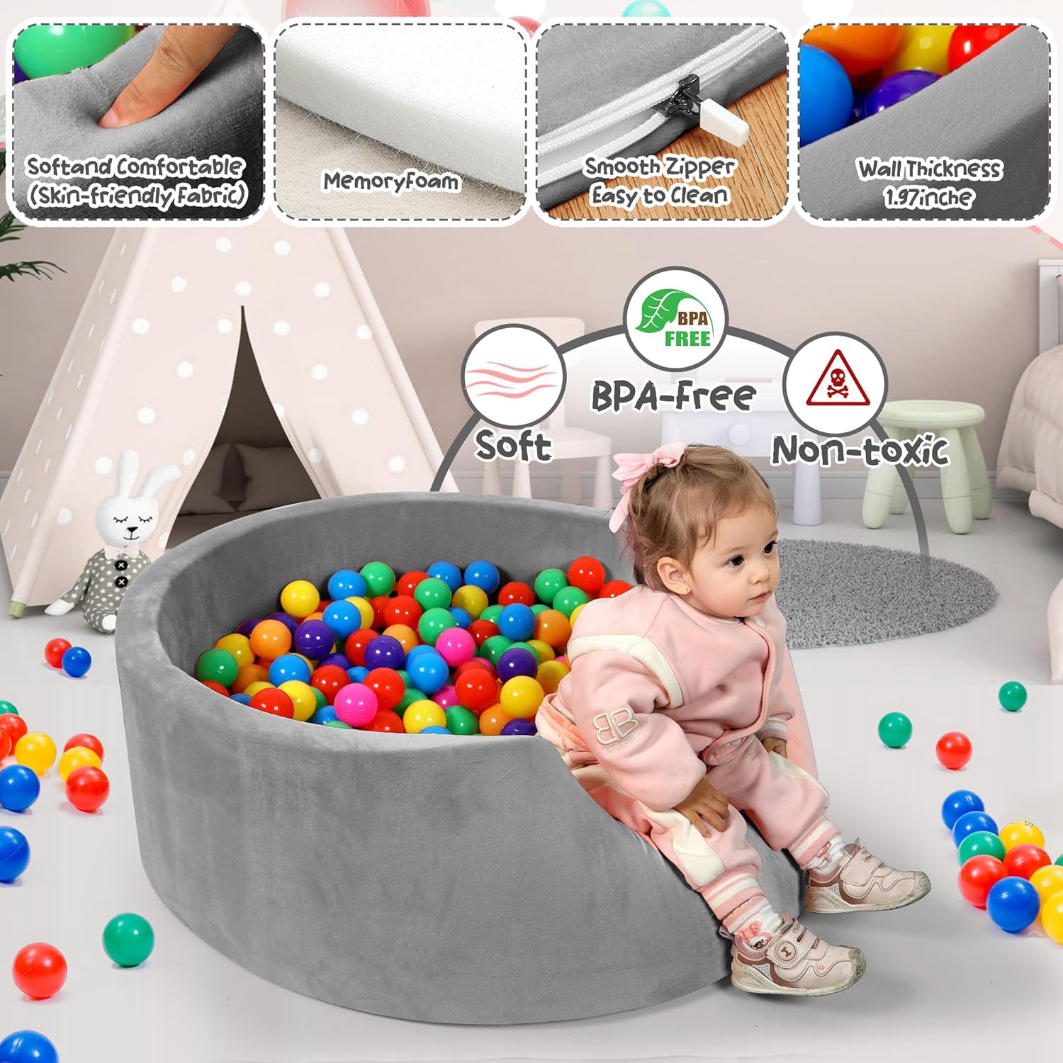 Foam Ball Pit for Toddlers 90cm Round Baby Ball Pool with Memory Foam, Soft Playpen Indoor Outdoor Kids Playground, Balls Not Included, Ages 6 Months+