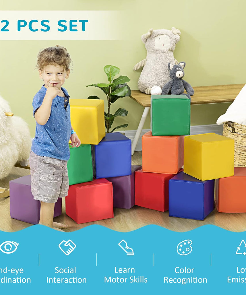 12 Piece Soft Play Foam Blocks Set for Toddlers, Baby Climbing Stacking Building Blocks, Indoor Learning Activity Toy, Safe PU Foam Playset, Ages 18 Months+
