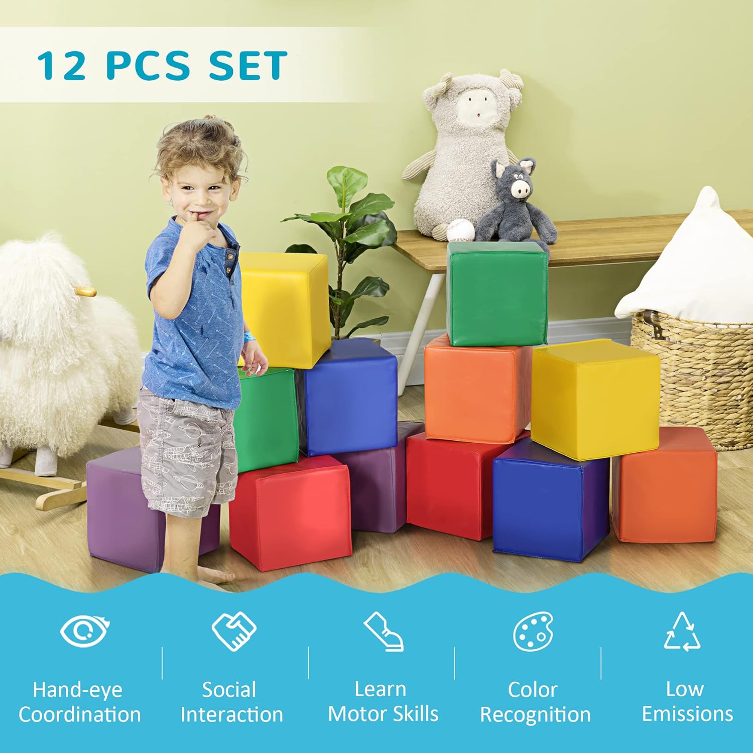 12 Piece Soft Play Foam Blocks Set for Toddlers, Baby Climbing Stacking Building Blocks, Indoor Learning Activity Toy, Safe PU Foam Playset, Ages 18 Months+