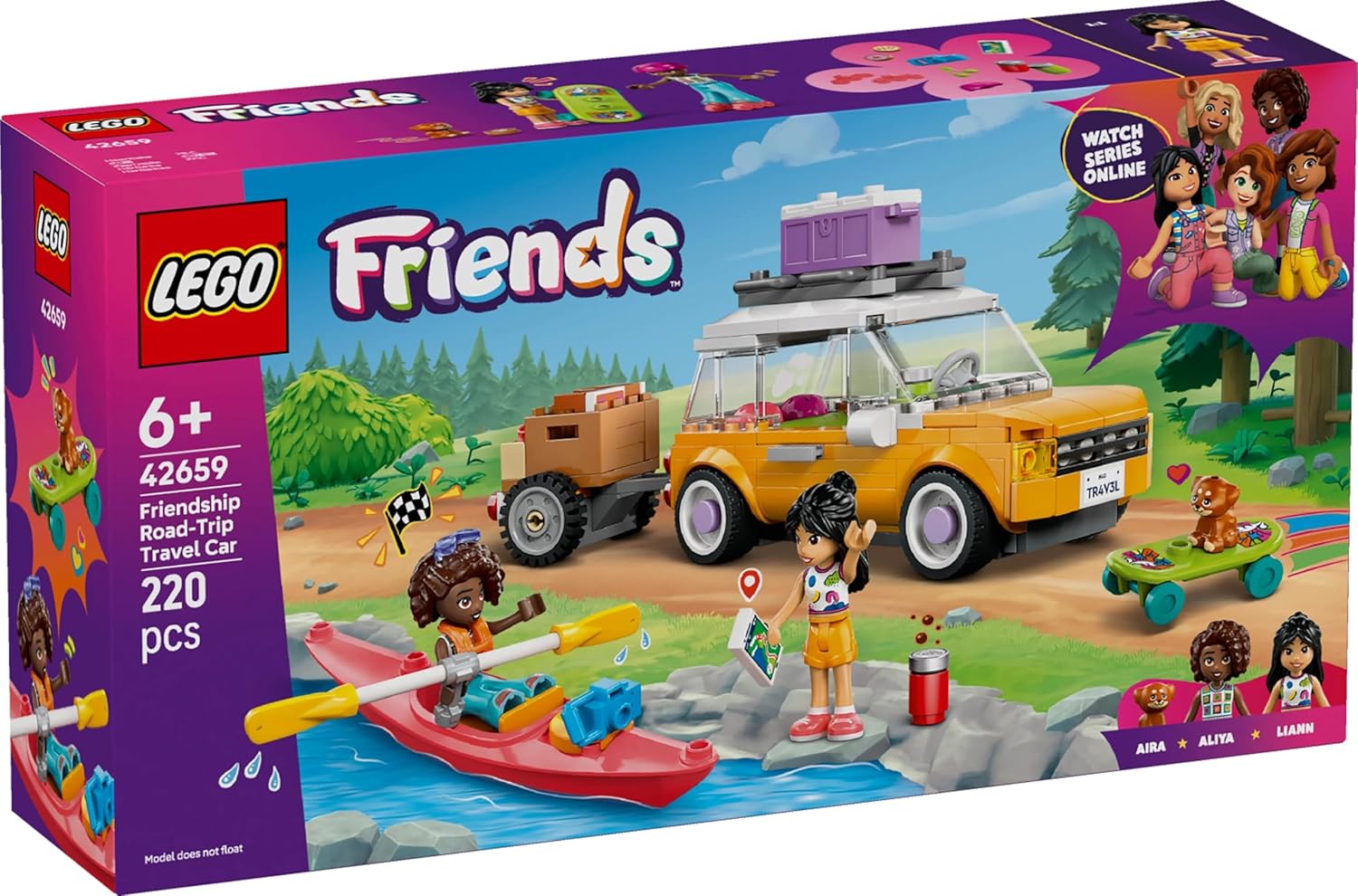 LEGO Friends Friendship Road-Trip Travel Car Toy with Trailer, 2 Mini Dolls, a Pet Dog Figure, Kayak & Fun Accessories incl. a Skateboard & Roller Skates - Ramadan Gift for 6+ Year Old Girls - 42659
