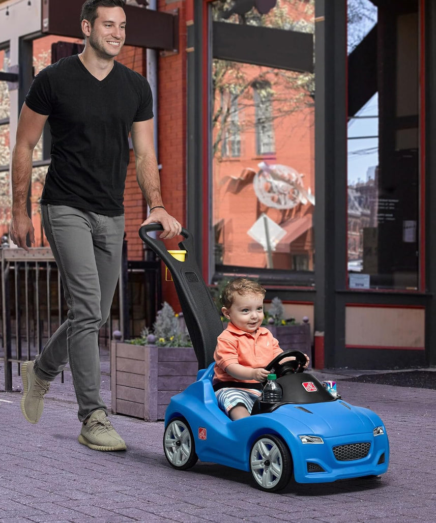 Step2 Whisper Ride Cruiser Kids Push Car with Parent Handle, Seat Belt, Horn & Storage Trunk, Single Seater Ride-On Toy for Boys and Girls, Gray, Pink & Blue, Ages 18 Months+
