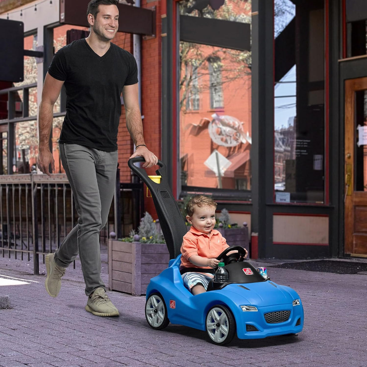 Step2 Whisper Ride Cruiser Kids Push Car with Parent Handle, Seat Belt, Horn & Storage Trunk, Single Seater Ride-On Toy for Boys and Girls, Gray, Pink & Blue, Ages 18 Months+