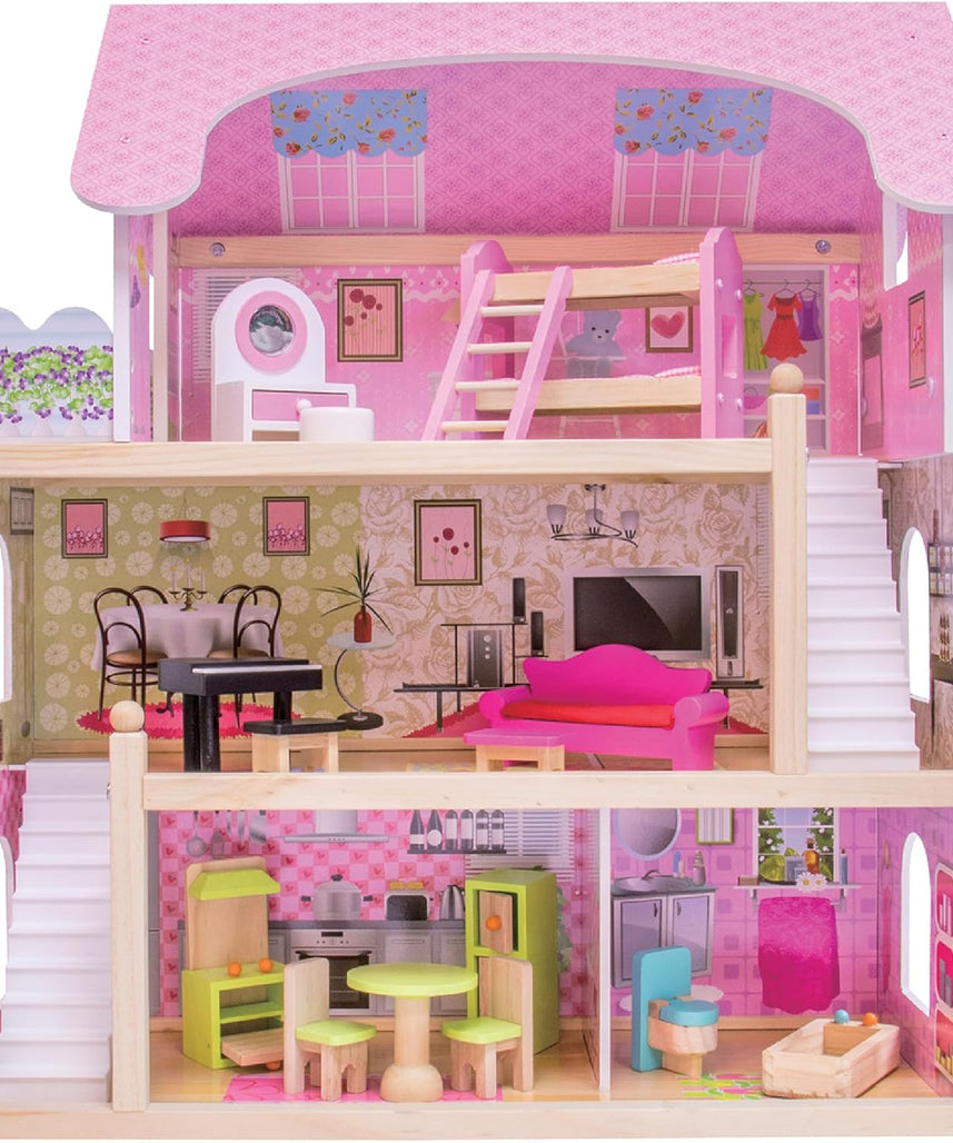 بيت دمى خشبي من EduFun مع شرفة للأطفال الصغار، فيلا دمى كبيرة من 3 طوابق مع 4 غرف، سلالم، ملحقات أثاث من 15 قطعة، لعبة تظاهر تعليمية للأطفال من سن 3 سنوات فما فوق