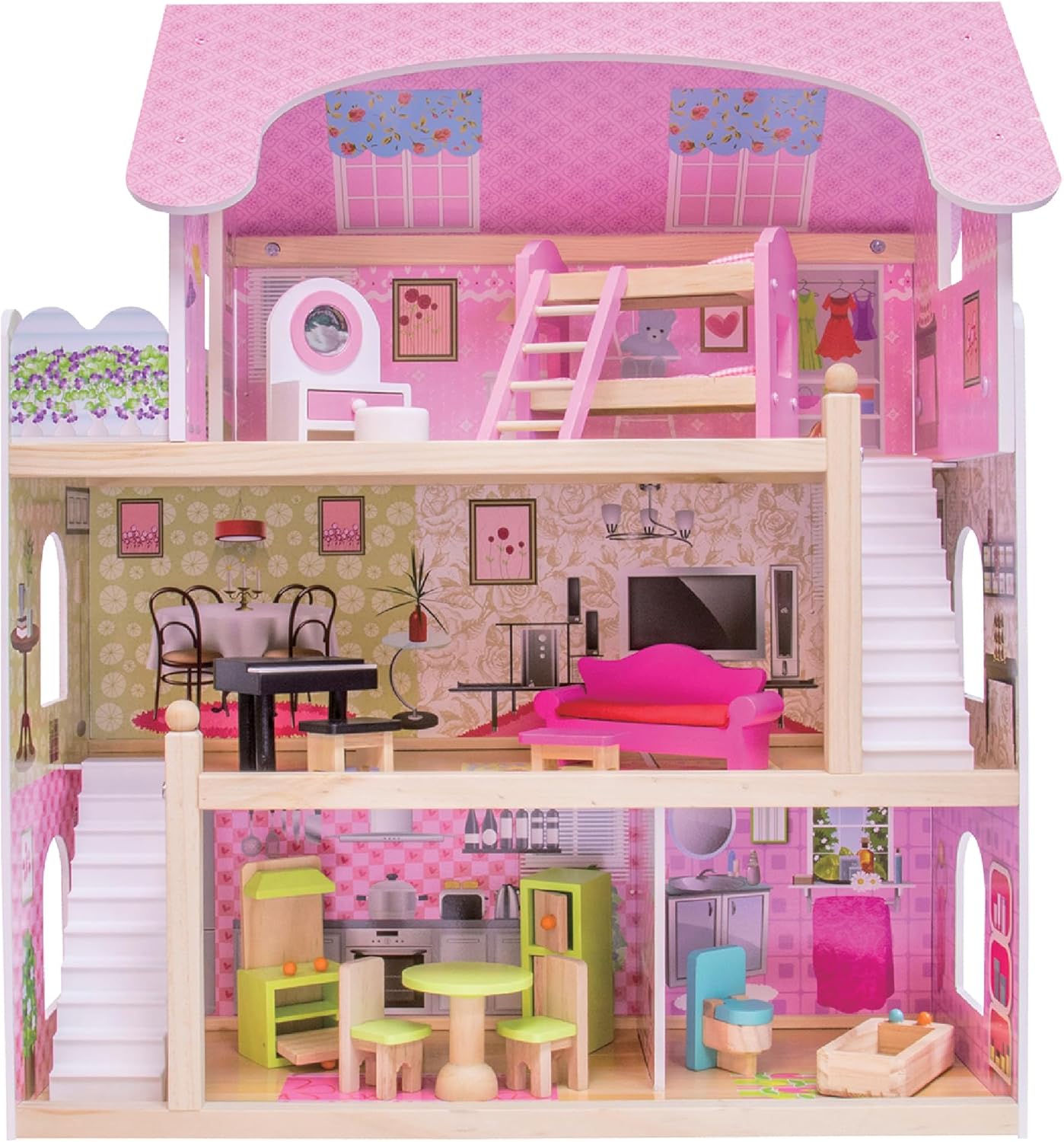 بيت دمى خشبي من EduFun مع شرفة للأطفال الصغار، فيلا دمى كبيرة من 3 طوابق مع 4 غرف، سلالم، ملحقات أثاث من 15 قطعة، لعبة تظاهر تعليمية للأطفال من سن 3 سنوات فما فوق