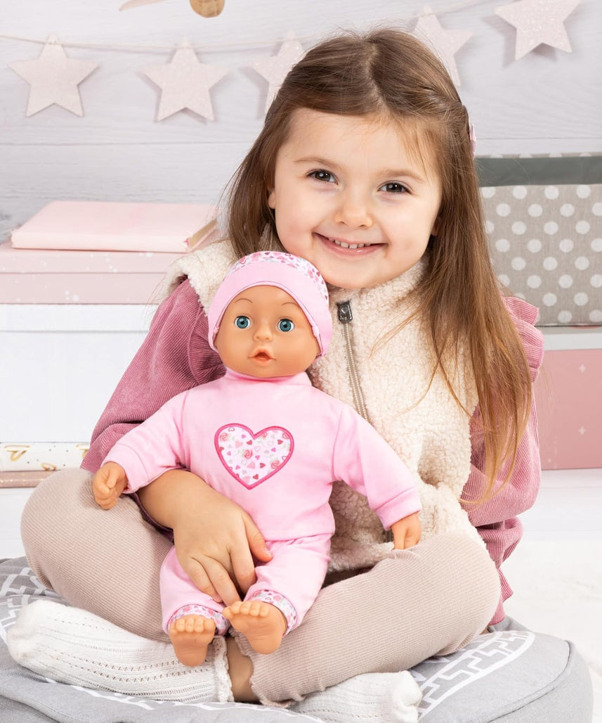 Bayer Baby Doll Play Set 36cm, Soft Body Cuddly Baby Doll with Extra Outfit & Hat, Feeding Accessories (Plate, Spoon, Fork), Pretend Play Toy for Kids, Lightweight Doll for Toddlers