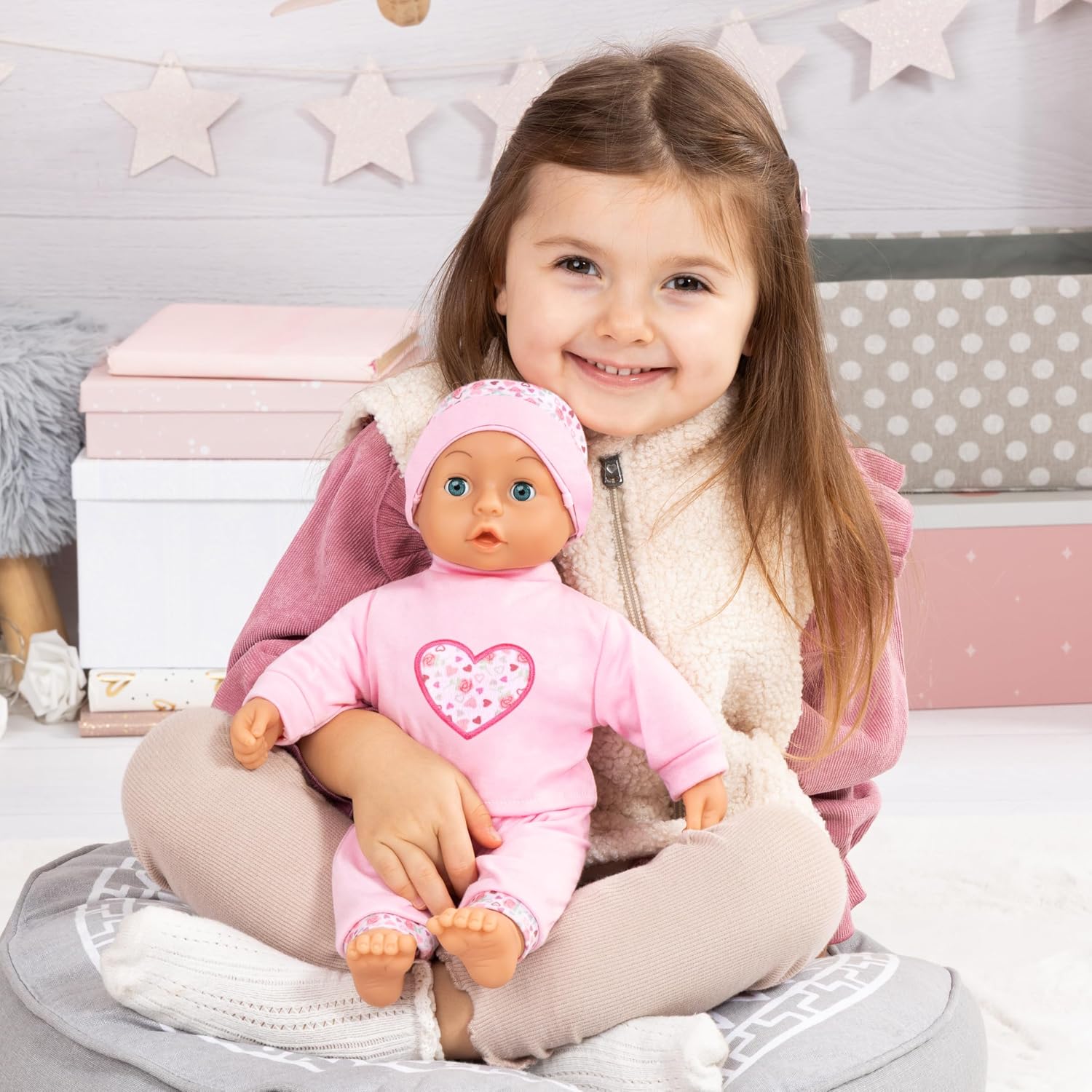 Bayer Baby Doll Play Set 36cm, Soft Body Cuddly Baby Doll with Extra Outfit & Hat, Feeding Accessories (Plate, Spoon, Fork), Pretend Play Toy for Kids, Lightweight Doll for Toddlers