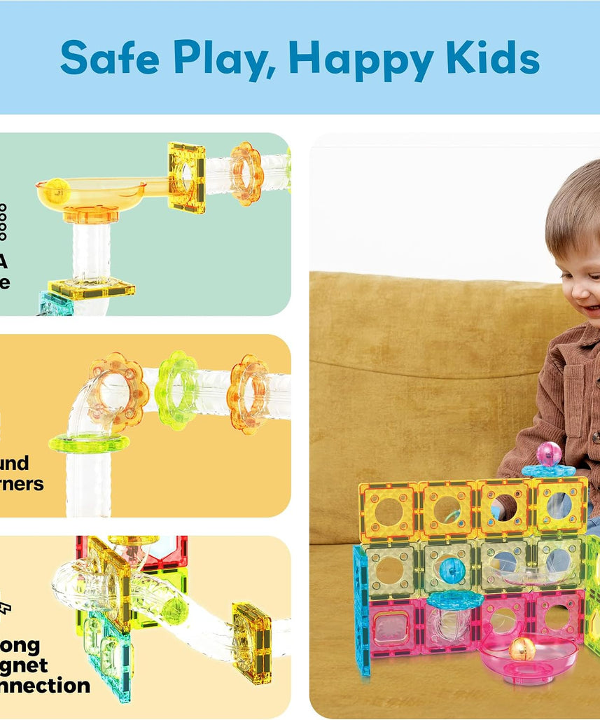 PicassoTiles 60 pc Magnet Tiles Building Block Travel Size Magnetic Marble Run Construction Toy Set Mini Diamond Marble RaceTrack Building Blocks Playset Education STEM Learning Kit Boy Girl 3+ PTMG60