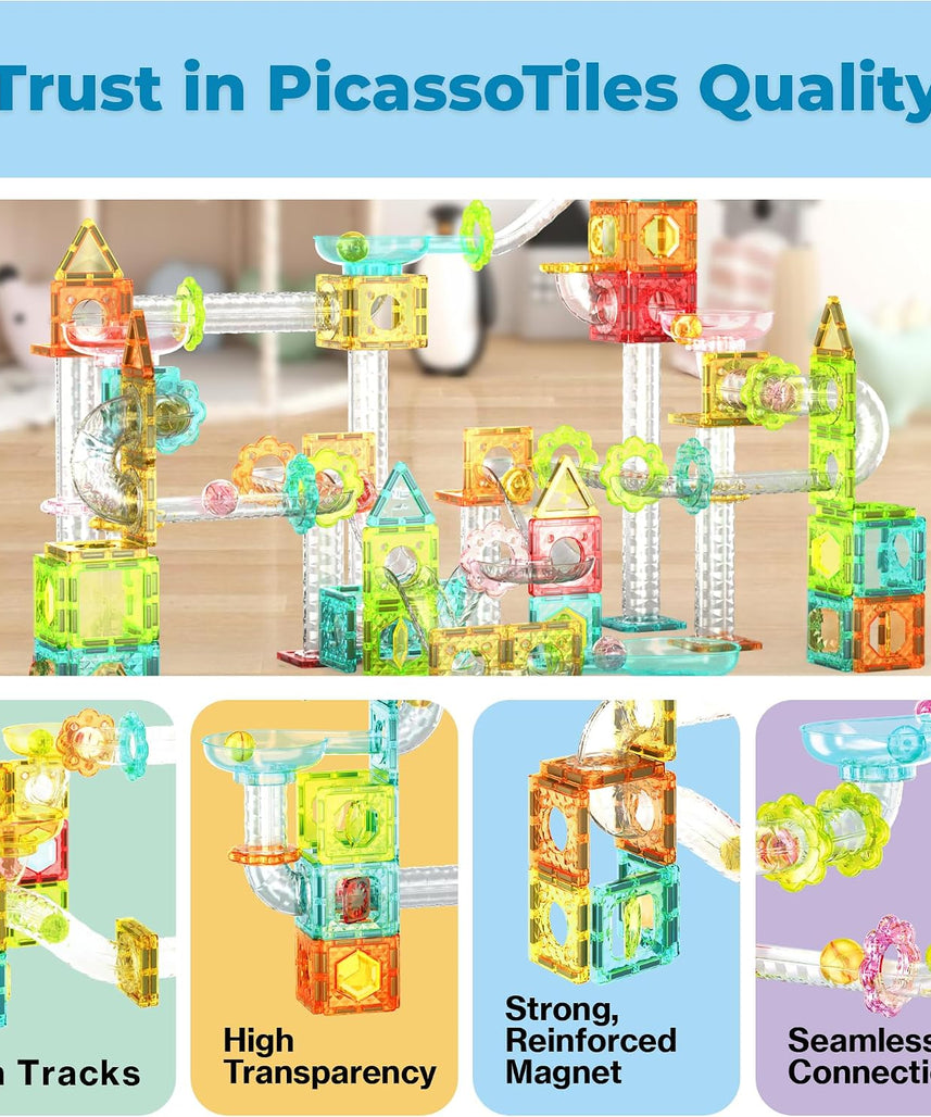 PicassoTiles 60 pc Magnet Tiles Building Block Travel Size Magnetic Marble Run Construction Toy Set Mini Diamond Marble RaceTrack Building Blocks Playset Education STEM Learning Kit Boy Girl 3+ PTMG60