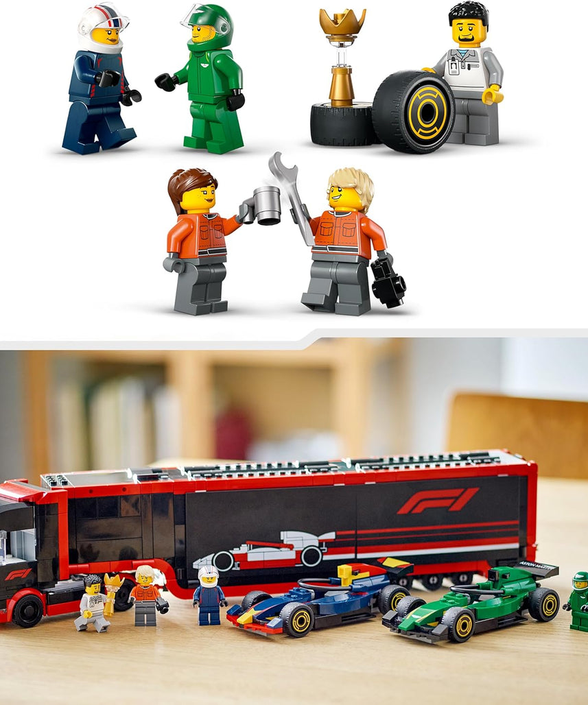 LEGO City F1 Truck with RB20 & AMR24 F1 Cars - Car Transporter Toy for RB & Aston Martin Formula 1 Teams - Incl. 2 Drivers & Race Simulator - Gifts for 8+ Year Old Boys & Girls - 60445