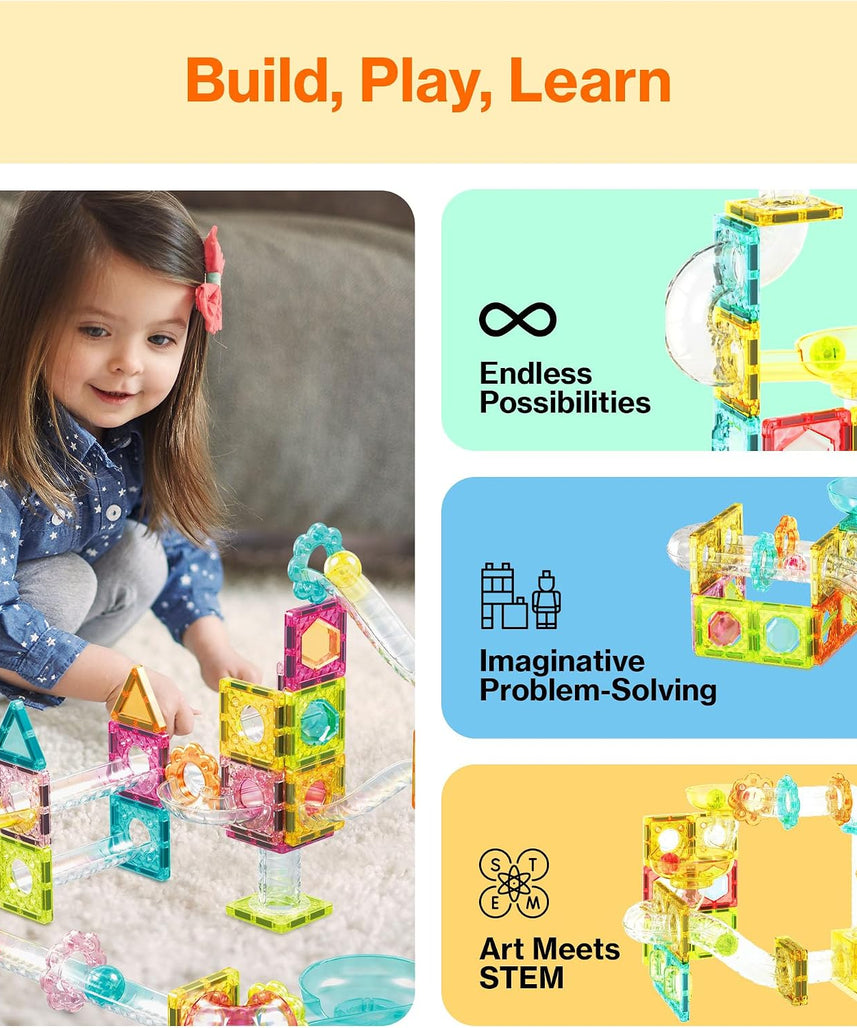 PicassoTiles 60 pc Magnet Tiles Building Block Travel Size Magnetic Marble Run Construction Toy Set Mini Diamond Marble RaceTrack Building Blocks Playset Education STEM Learning Kit Boy Girl 3+ PTMG60