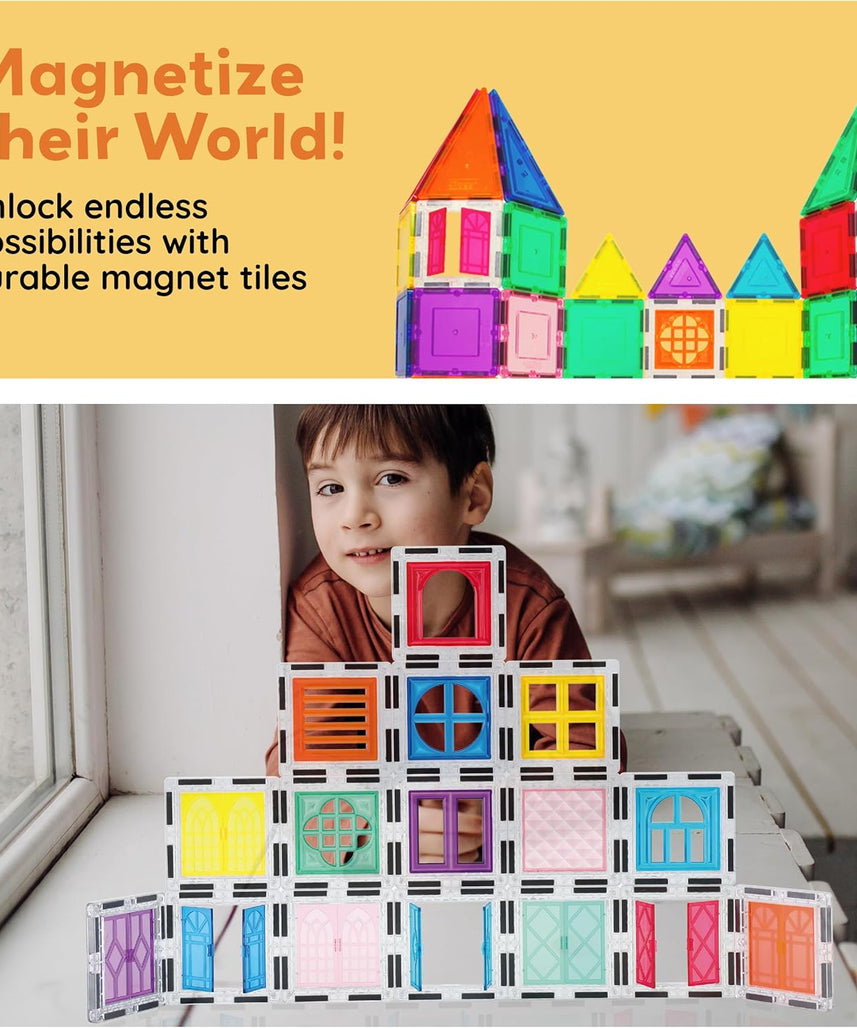 PicassoTiles 40pcs Magnetic Tile Clip-in Window and Door Expansion Set, Magnetic Block Add-ons, Magnet Building Construction Toys, STEM Education Learning Stacking Block, Toddler Boys & Girls