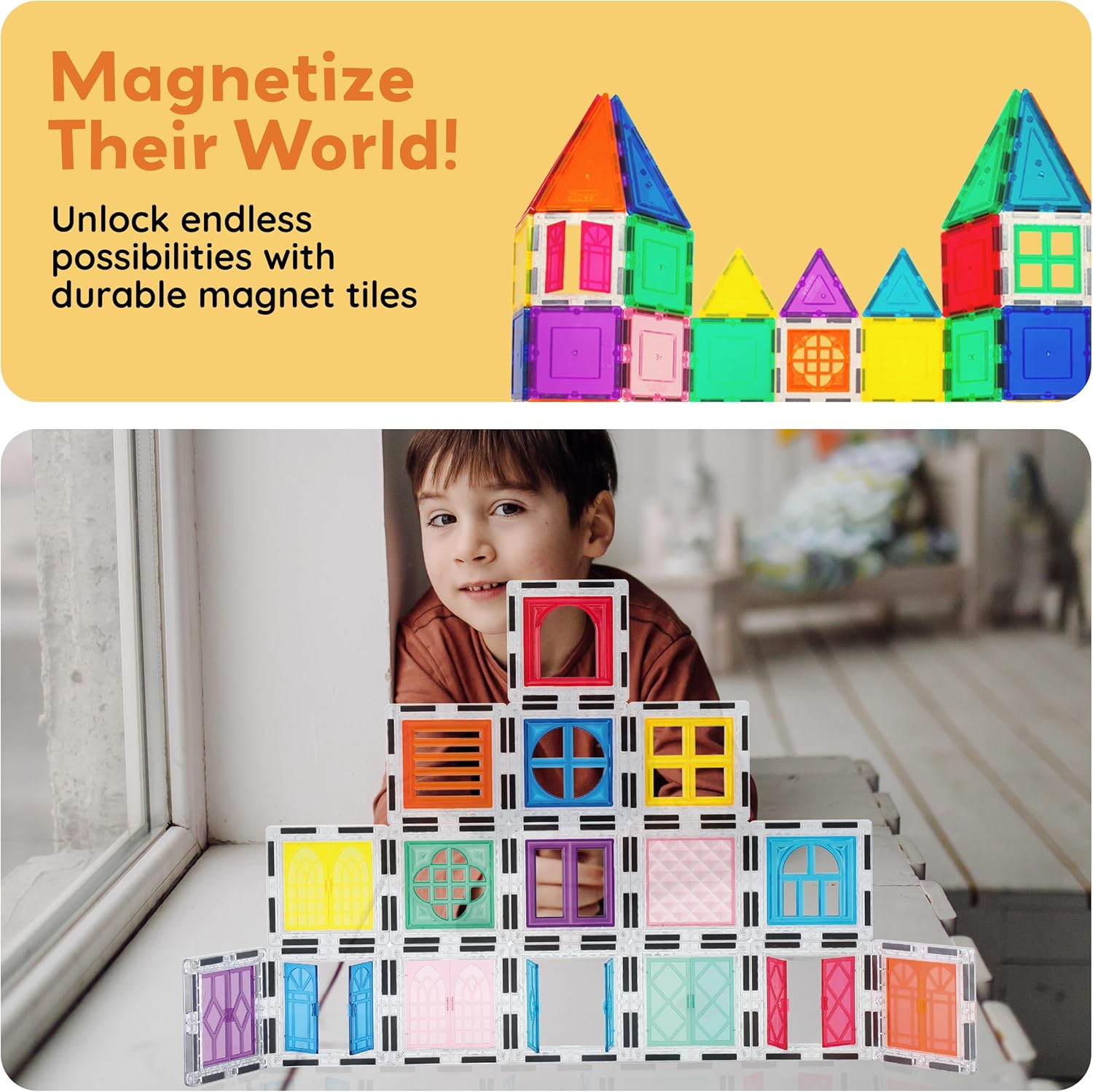 PicassoTiles 40pcs Magnetic Tile Clip-in Window and Door Expansion Set, Magnetic Block Add-ons, Magnet Building Construction Toys, STEM Education Learning Stacking Block, Toddler Boys & Girls