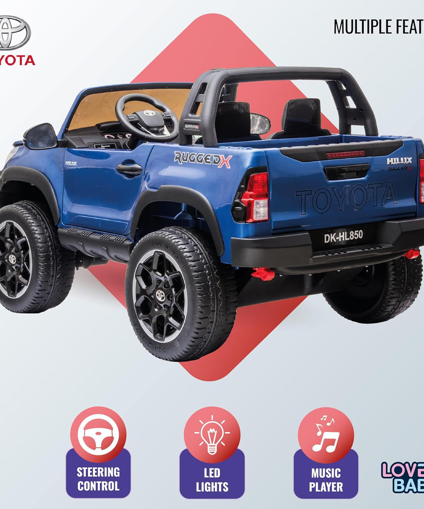 Lovely Baby LB 850DX Toyota Hilux Ride-On Car for Kids, 1-7 Years, Electric 4x4 Off-Road Vehicle, Remote Control, LED Lights, MP4 Music, Openable Doors – Red or Blue