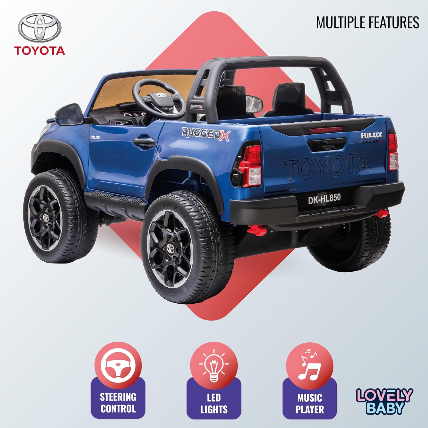 Lovely Baby LB 850DX Toyota Hilux Ride-On Car for Kids, 1-7 Years, Electric 4x4 Off-Road Vehicle, Remote Control, LED Lights, MP4 Music, Openable Doors – Red or Blue