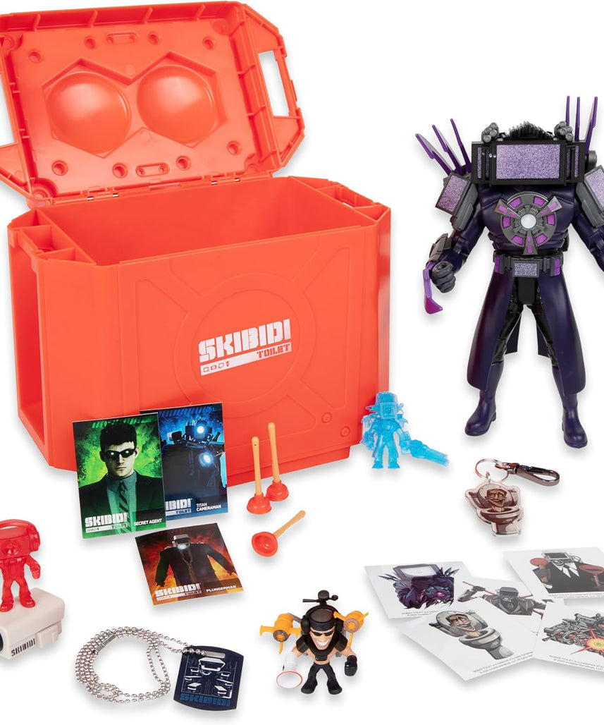 Skibidi Toilet Giant Mystery Loot Box, Official Mystery Surprise Box with 20 Collectible Items, Exclusive 10 Inch Titan Figure for Kids 13+