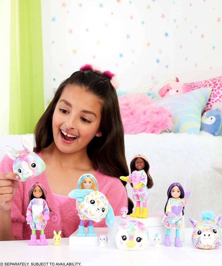 Barbie Cutie Reveal Chelsea Doll & Accessories, Color Dream Series Small Doll in Animal Plush Costume with 6 Surprises Including Color Change (Styles May Vary)