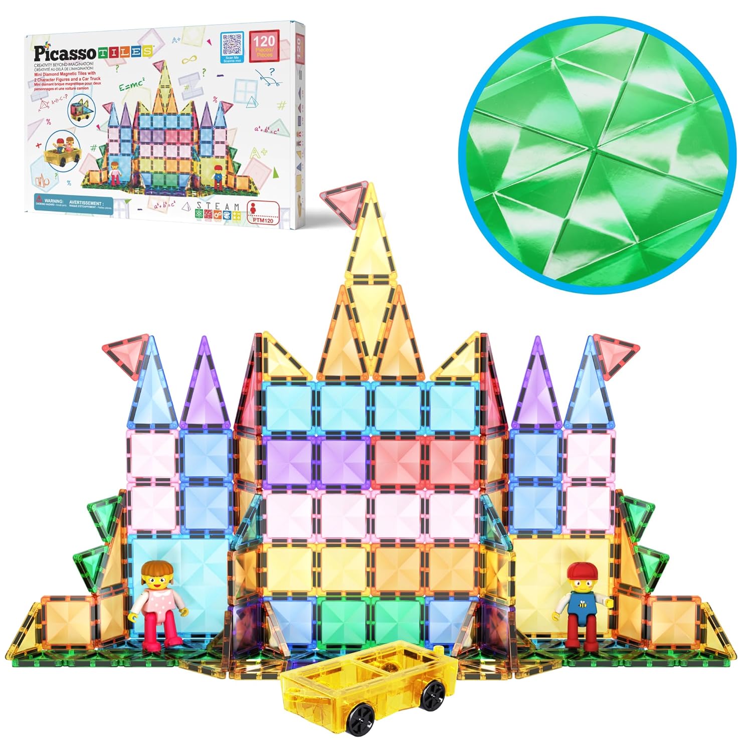 PicassoTiles 120pcs Mini Diamond Magnetic Tiles Expansion Car Truck and Figures Play Set, Kids Building Magnet Bricks STEM & Learning Toys, Magnetic Add-ons, Toddler Preschool 3+ Boys and Girls
