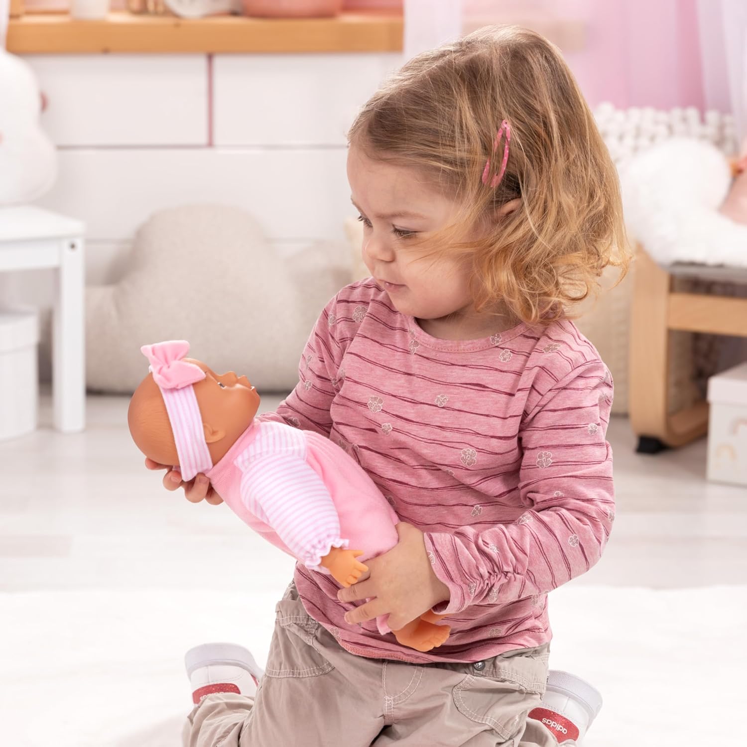 Bayer Baby Doll Basket Set 28cm with Soft Doll, Carrier, Blanket, Pillow, Bottle, Teddy, Role Play Toy for Kids, 3Y+ Years