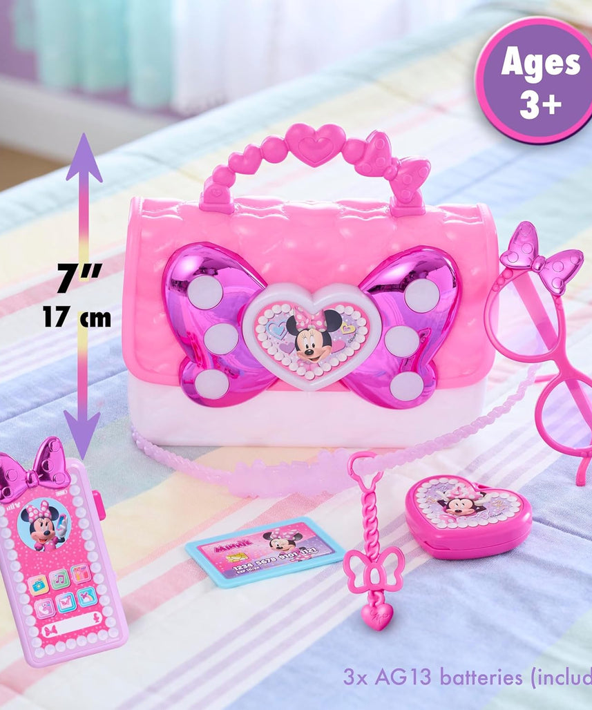 مجموعة حقيبة ديزني ميني ماوس الرائعة، 7 قطع من لعبة تلبيس وتظاهر مع نظارات شمسية، هاتف للعب بالأضواء والأصوات، لعبة مرخصة رسميًا للأطفال من سن 3 سنوات فما فوق من جاست بلاي