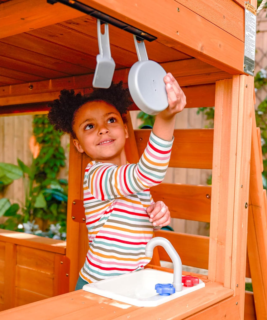 KidKraft Falcon Ridge Wooden Swing Set / Playset – Outdoor Playhouse with Slides, Swings, Rock Wall, Clubhouse, and Deluxe Kitchen for Kids Age 3-10 Years