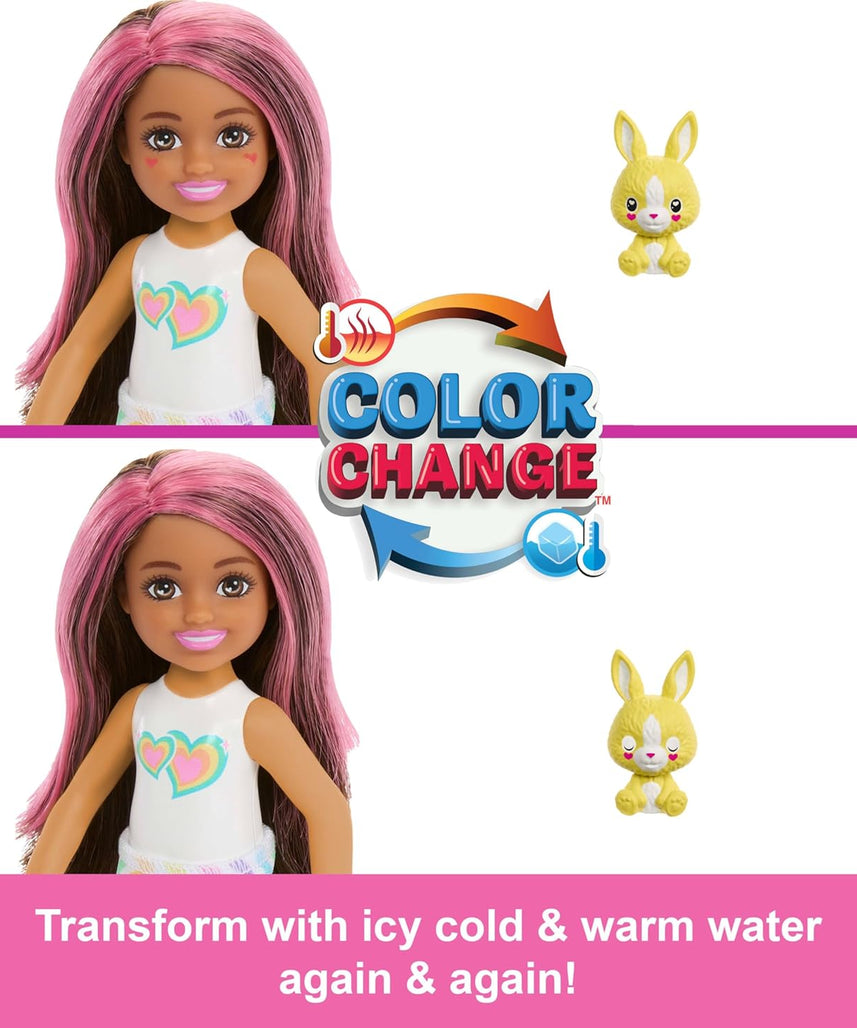Barbie Cutie Reveal Chelsea Doll & Accessories, Color Dream Series Small Doll in Animal Plush Costume with 6 Surprises Including Color Change (Styles May Vary)
