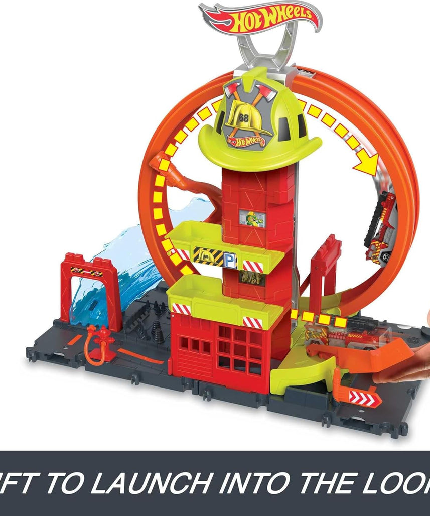 مجموعة ألعاب محطة إطفاء هوت ويلز سيتي سوبر لوب، مجموعة مسارات حلقية قابلة للتعديل مع شاحنة إطفاء واحدة، ميزات محطة الإطفاء، مواقف سيارات ومسارات قابلة للتوصيل، ألعاب للأطفال من سن 4 سنوات فما فوق