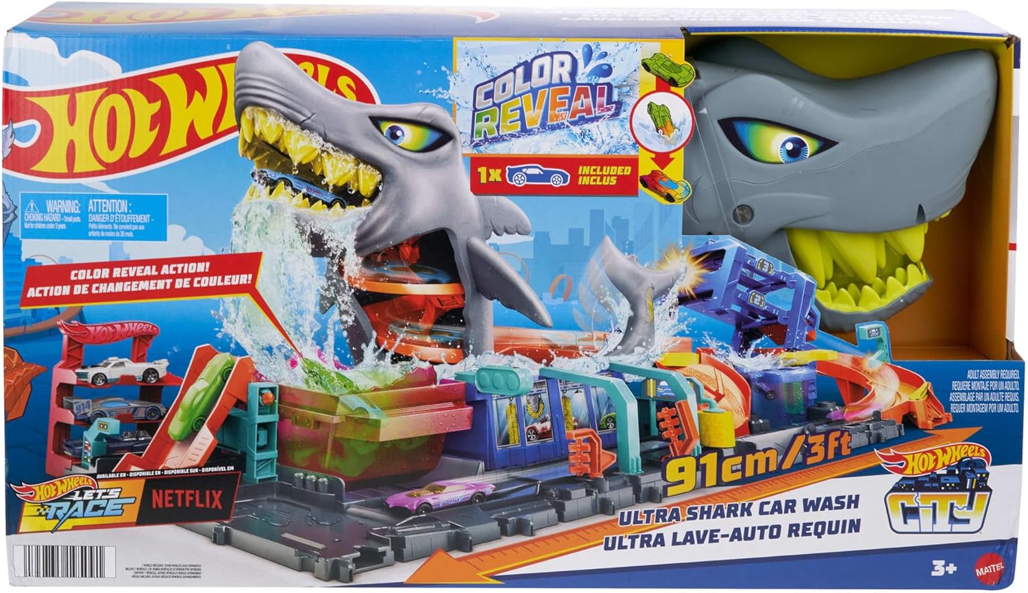 Hot Wheels Let's Race Netflix - City Shark Wash Station with 1:64 Scale Color Reveal Car, Colour Changing Function and Storage, HTN82