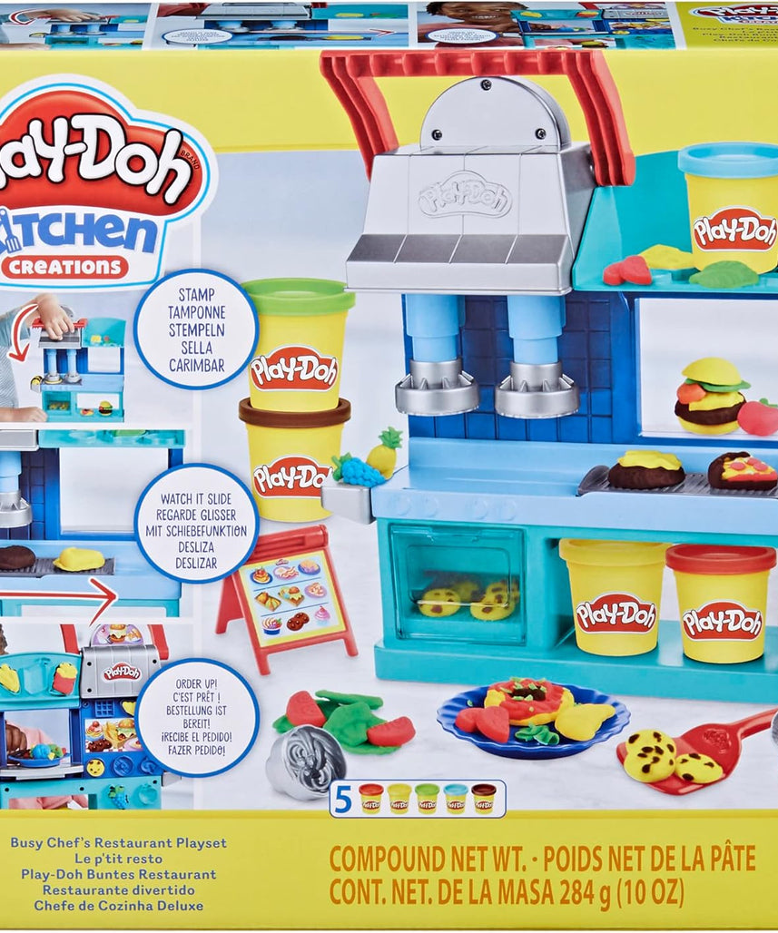 Play-Doh Kitchen Creations, Busy Chef's Restaurant Playset, 2-Sided Kitchen, Pretend Food Toys, Art & Craft, 5 Play-Doh Colors, Kids 3+