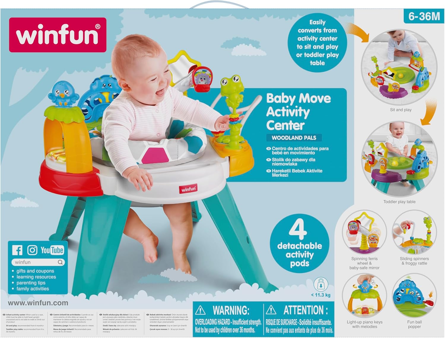 Winfun Baby Move Activity Center Interactive Toy, 2-in-1 Stationary and Activity Table with Lights, Sounds, and Detachable Play Pieces, for Babies 6 Months and Up