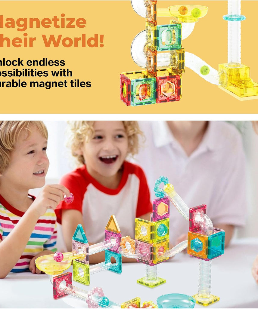 PicassoTiles 60 pc Magnet Tiles Building Block Travel Size Magnetic Marble Run Construction Toy Set Mini Diamond Marble RaceTrack Building Blocks Playset Education STEM Learning Kit Boy Girl 3+ PTMG60