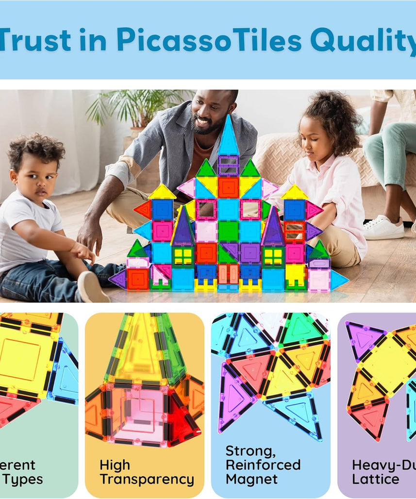 PicassoTiles 101pc Magnetic Tile Building Blocks with Car Base Drawstring Carry Toy Storage Bag Magnetized Block for Kids Magnet ToySet Educational STEM Learning Child Brain Development Ages 3+ PC101