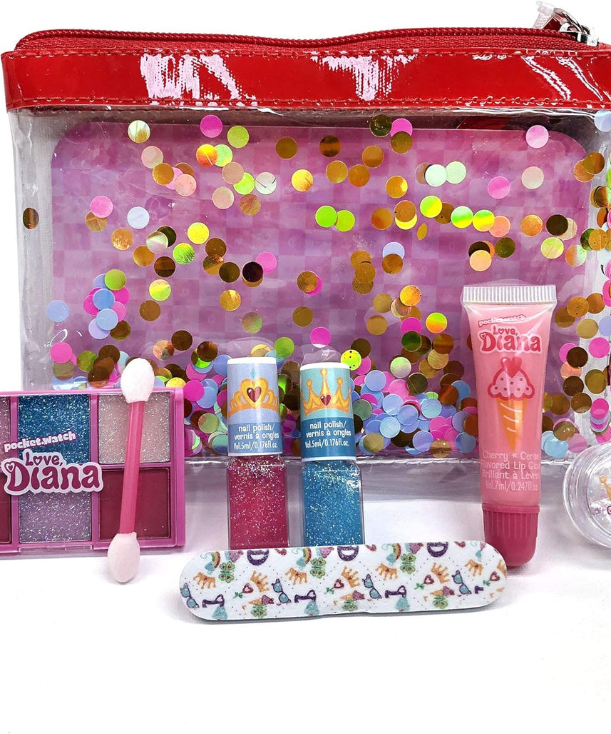 حقيبة قطار لوف ديانا مع مستحضرات تجميل، وطلاء أظافر، وملمع شفاه، وظلال عيون، ووعاء بريق، ومبرد أظافر وأداة وضع، مجموعة مكياج تظاهرية للأطفال من سن 3 سنوات فما فوق