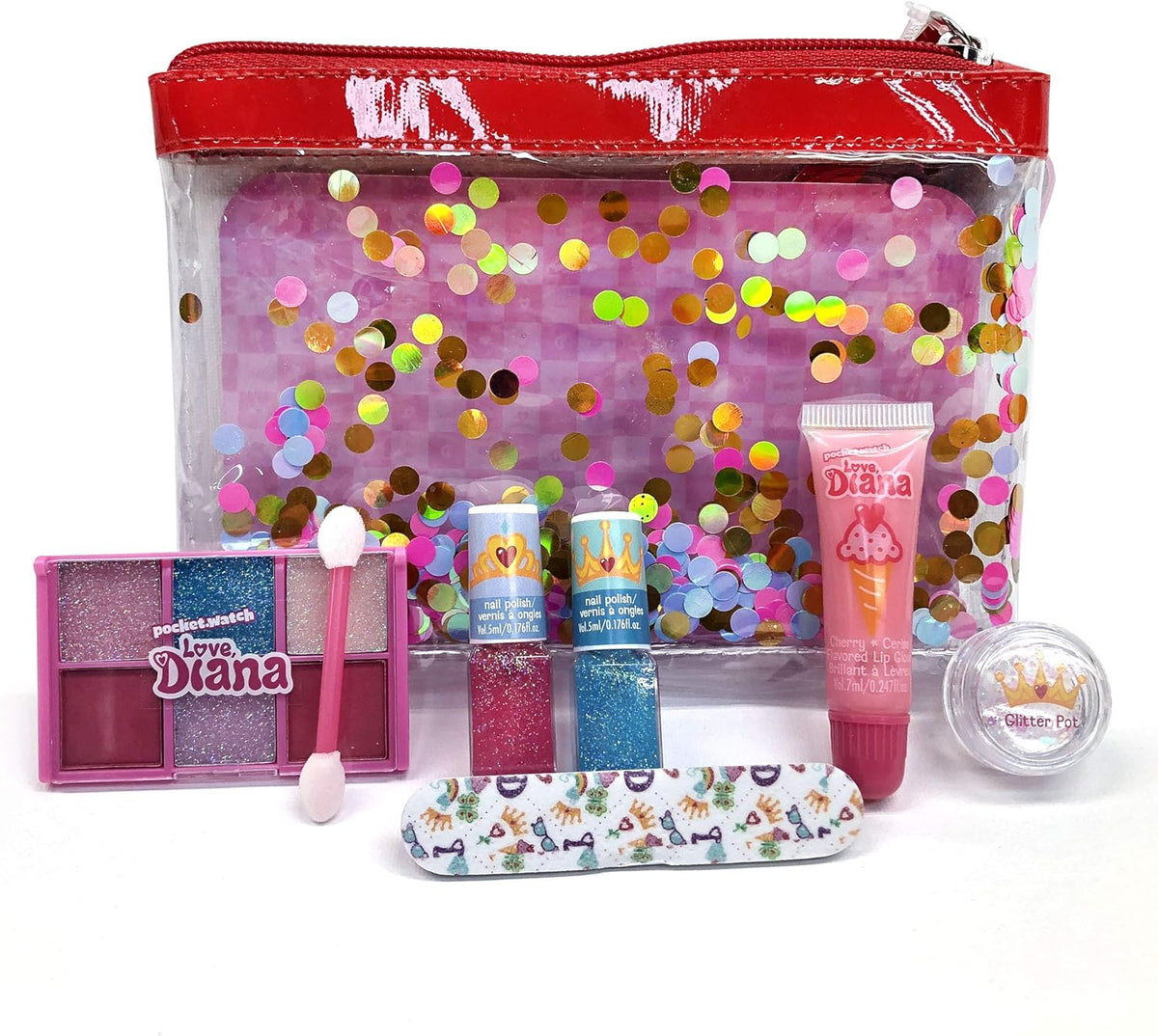 Love Diana Train Case with Cosmetics, Nail Polish, Lip Gloss, Eyeshadow, Glitter Pot, Nail File and Applicator, Pretend Play Makeup Set for Kids Ages 3+
